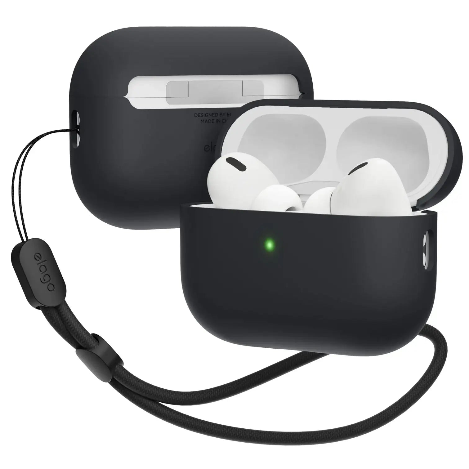 Czarne etui na słuchawki AirPods Pro z paskiem i białymi słuchawkami, widok z przodu i tyłu