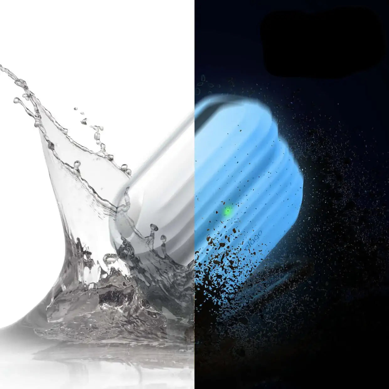 Wodoodporna niebieska lampa LED dzielona na jasne i ciemne tło, efekt pryskającej wody i kurzu