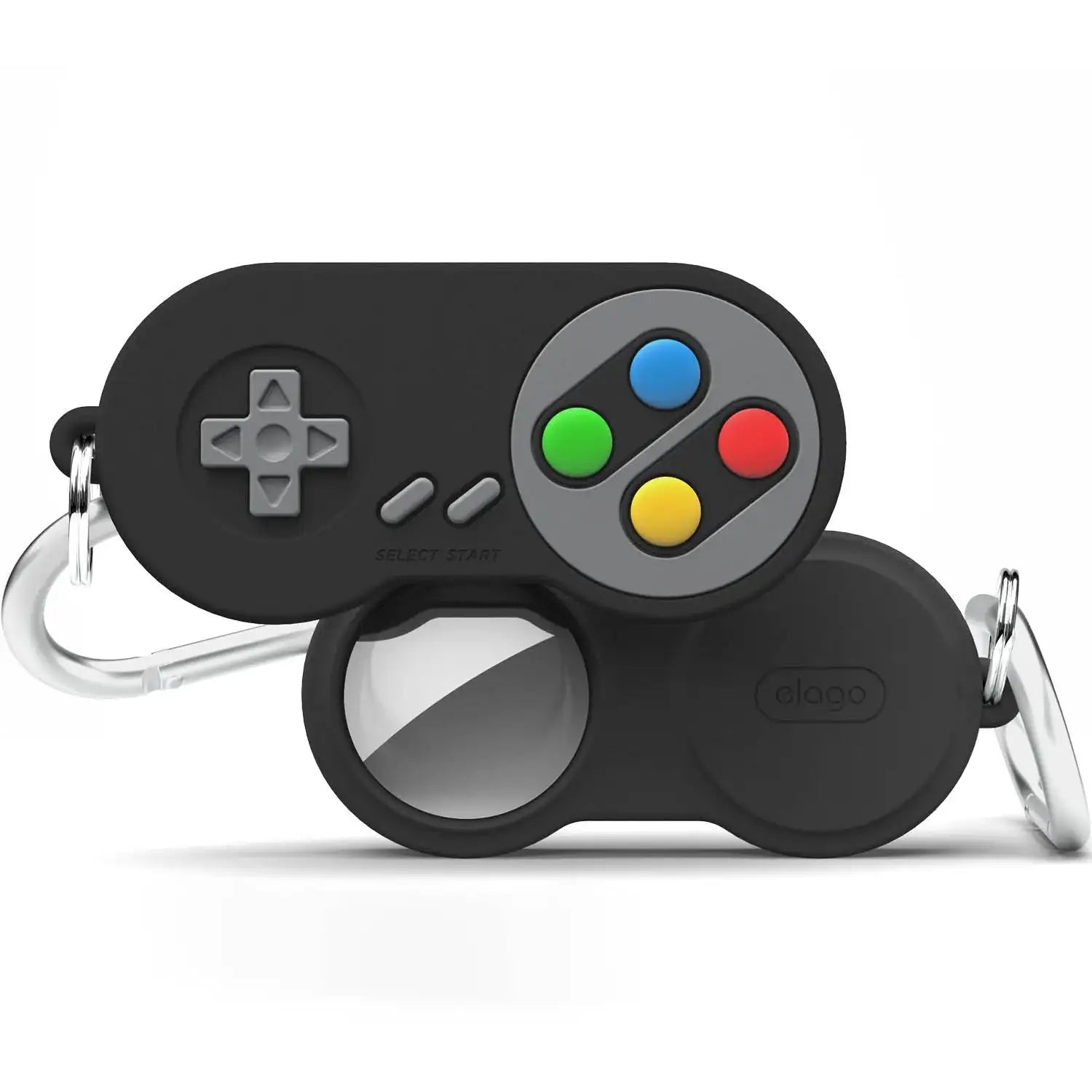 Czarny futerał na AirTag w kształcie retro pada do gier, z kolorowymi przyciskami, karabińczyk