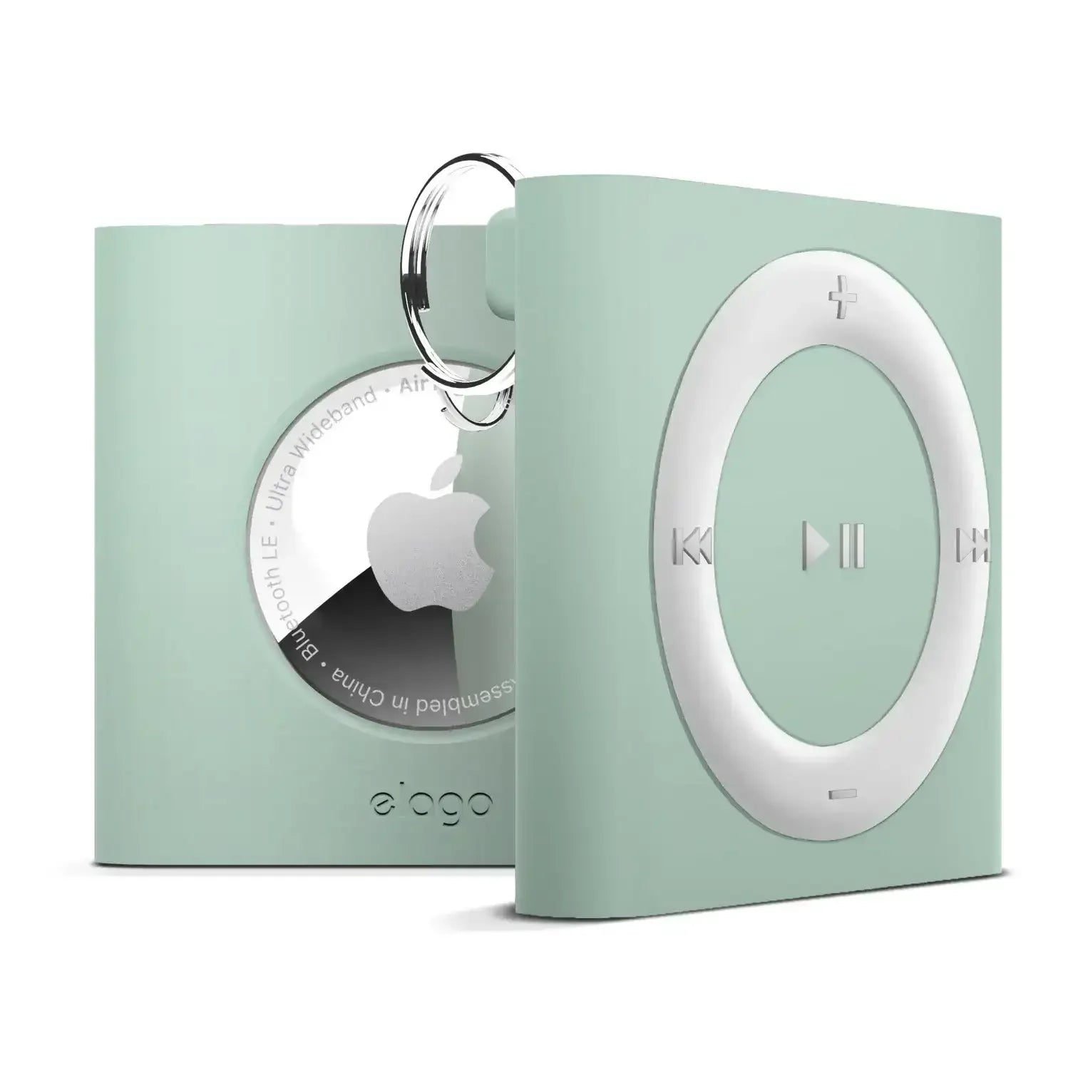 Miętowe etui do Apple AirTag, stylizowane na odtwarzacz muzyczny, z przyciskiem sterowania