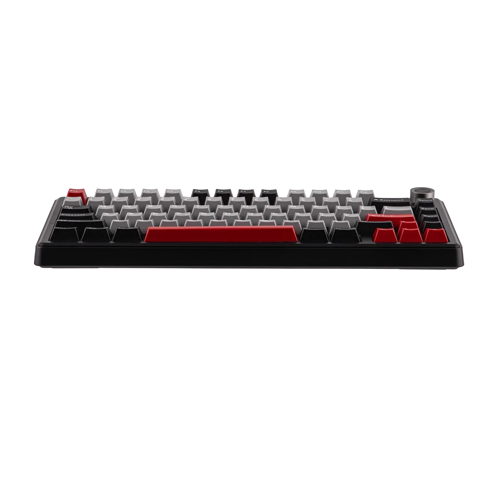 Mechaniczna klawiatura z czerwonymi i szarymi keycapami, idealna do home office i personalizacji desk setupu