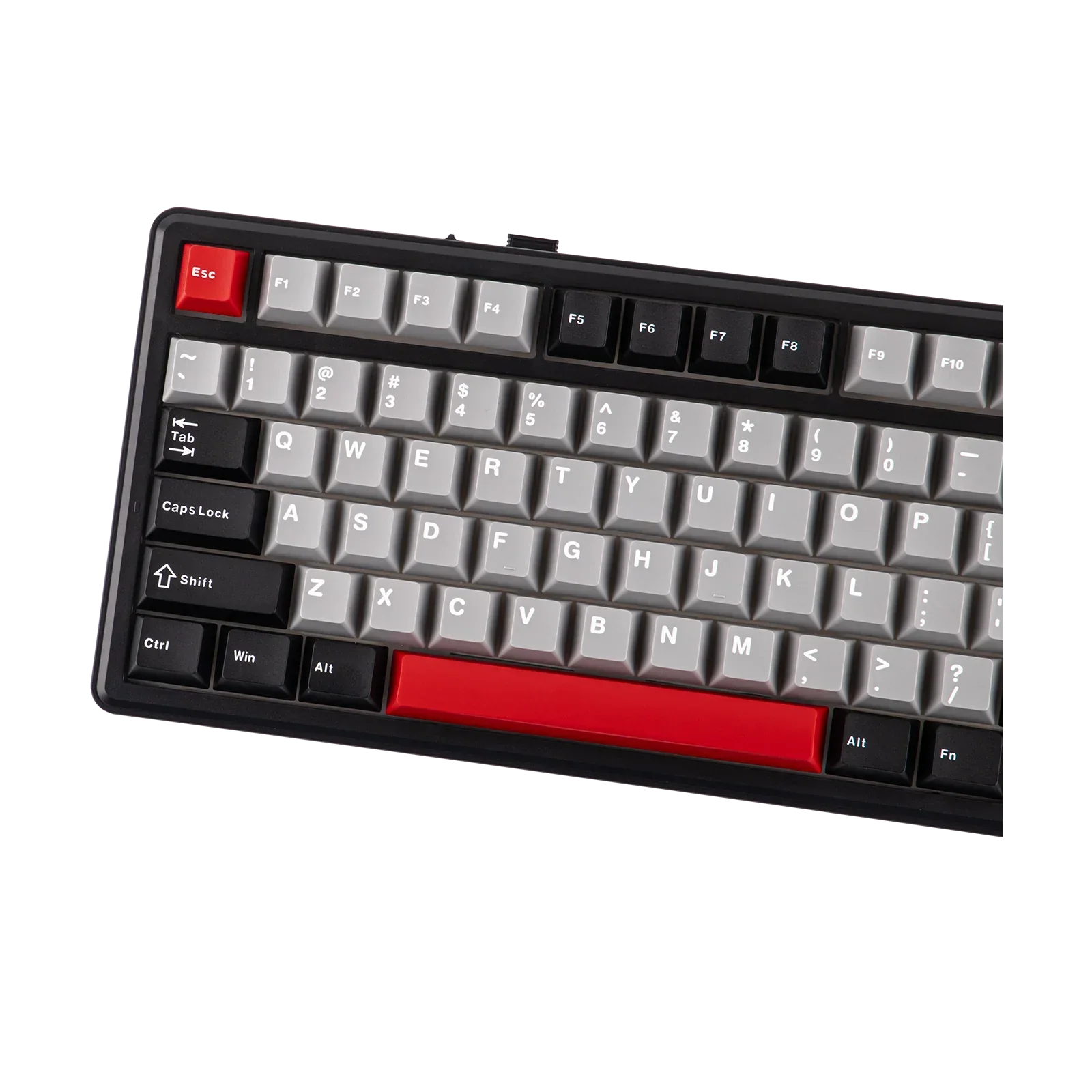 Mechaniczna klawiatura z czerwonymi klawiszami ESC i spacji, idealna do Home Office