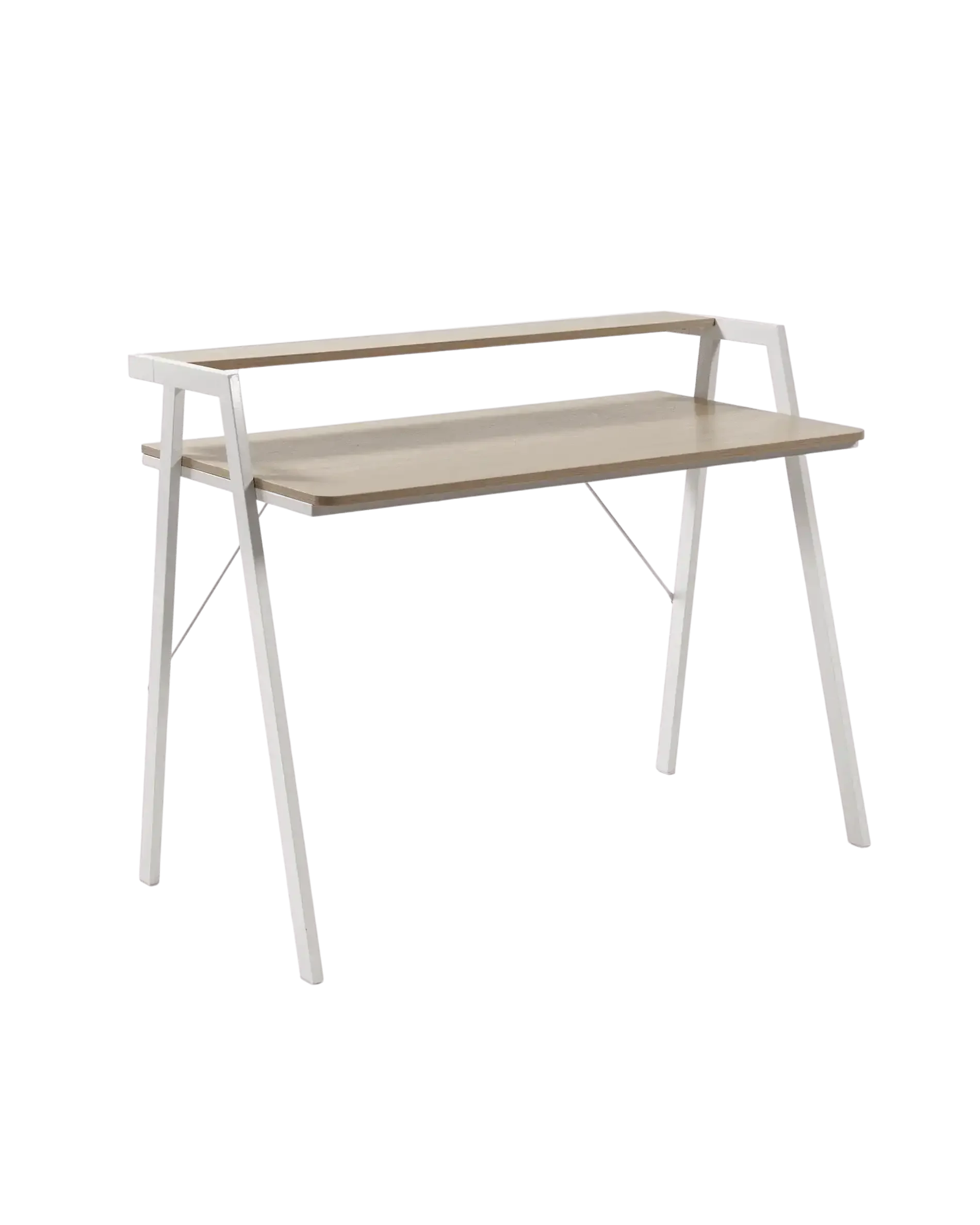 Minimalistyczne biurko z jasnego drewna i białymi nogami, idealne do home office