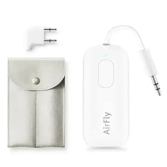 Biały transmiter audio AirFly z gniazdem jack, adapterem i etui, akcesoria biurowe