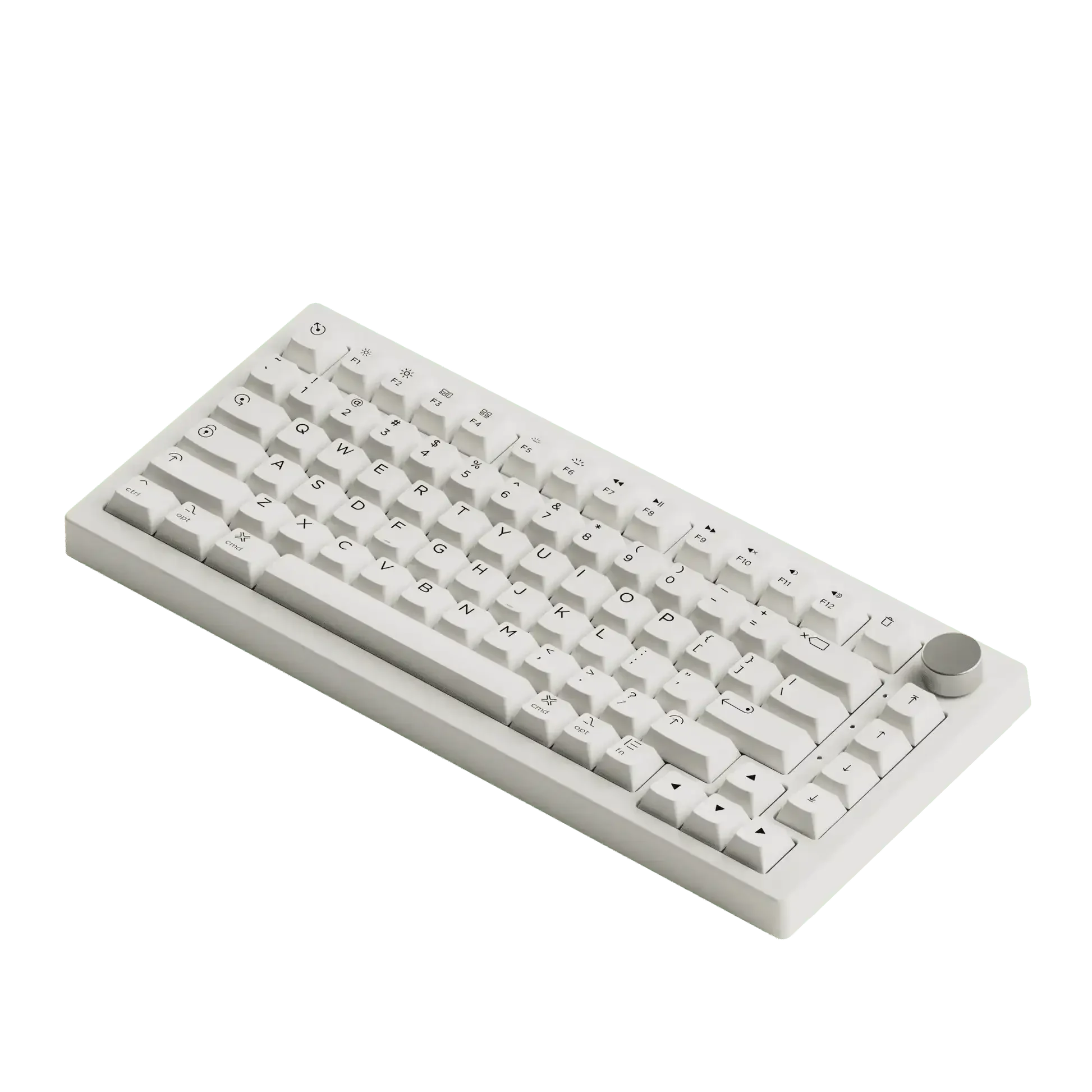 biała klawiatura mechaniczna z pokrętłem, minimalistyczny design, do biura lub home office
