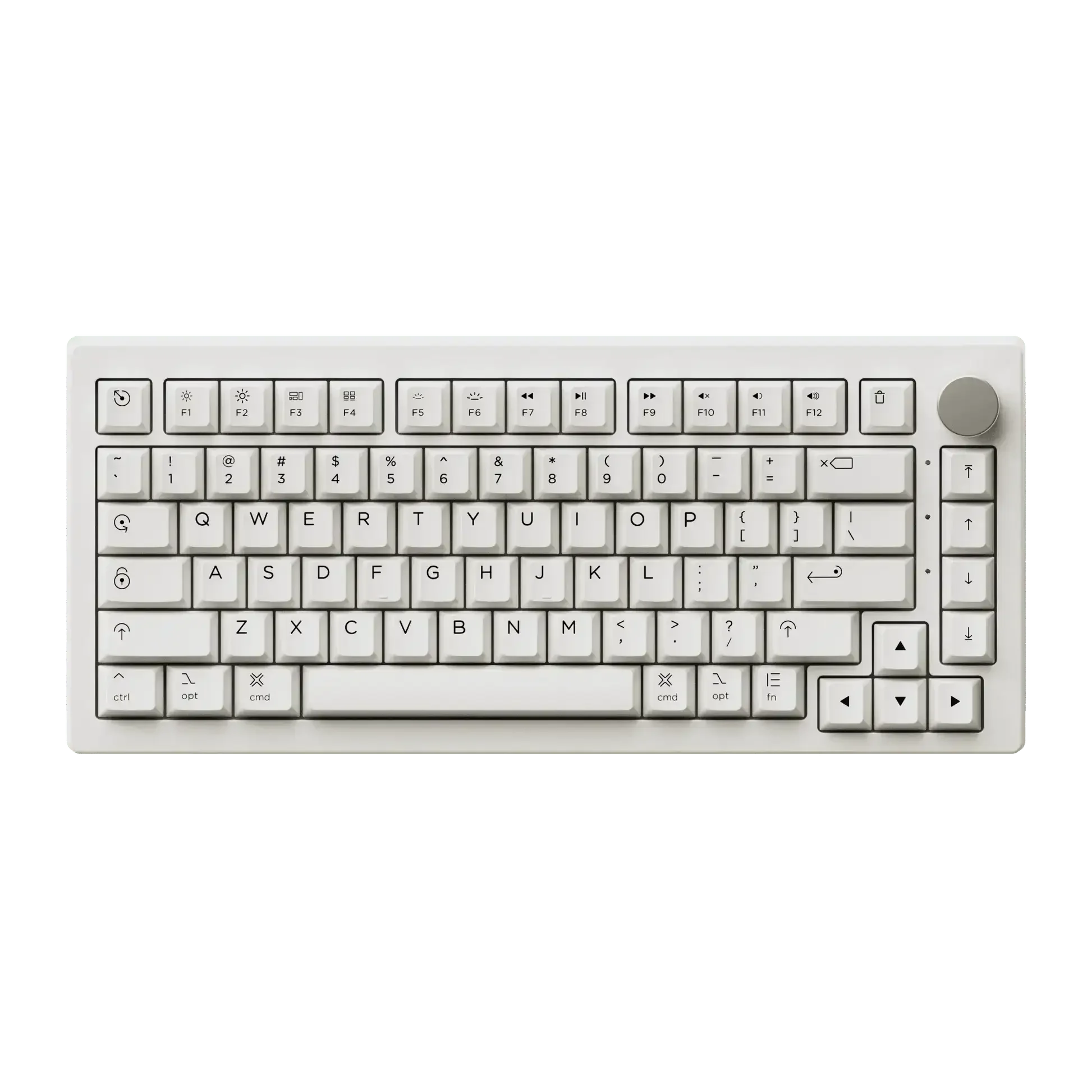 Biała klawiatura mechaniczna 75% na zielonym tle, idealna do desk setupu home office.