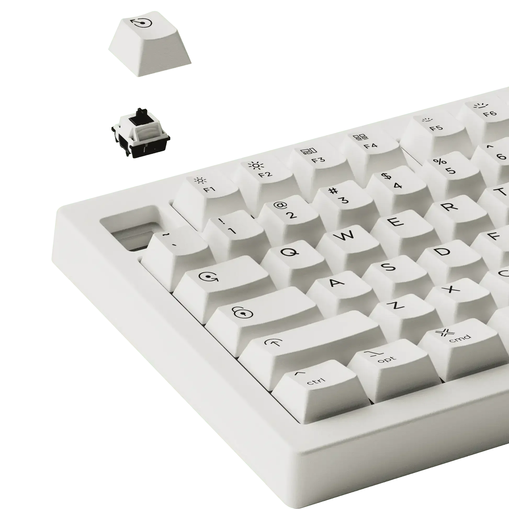 Biała klawiatura mechaniczna hot-swappable z wyjętym keycapem i switchem, idealna do biura