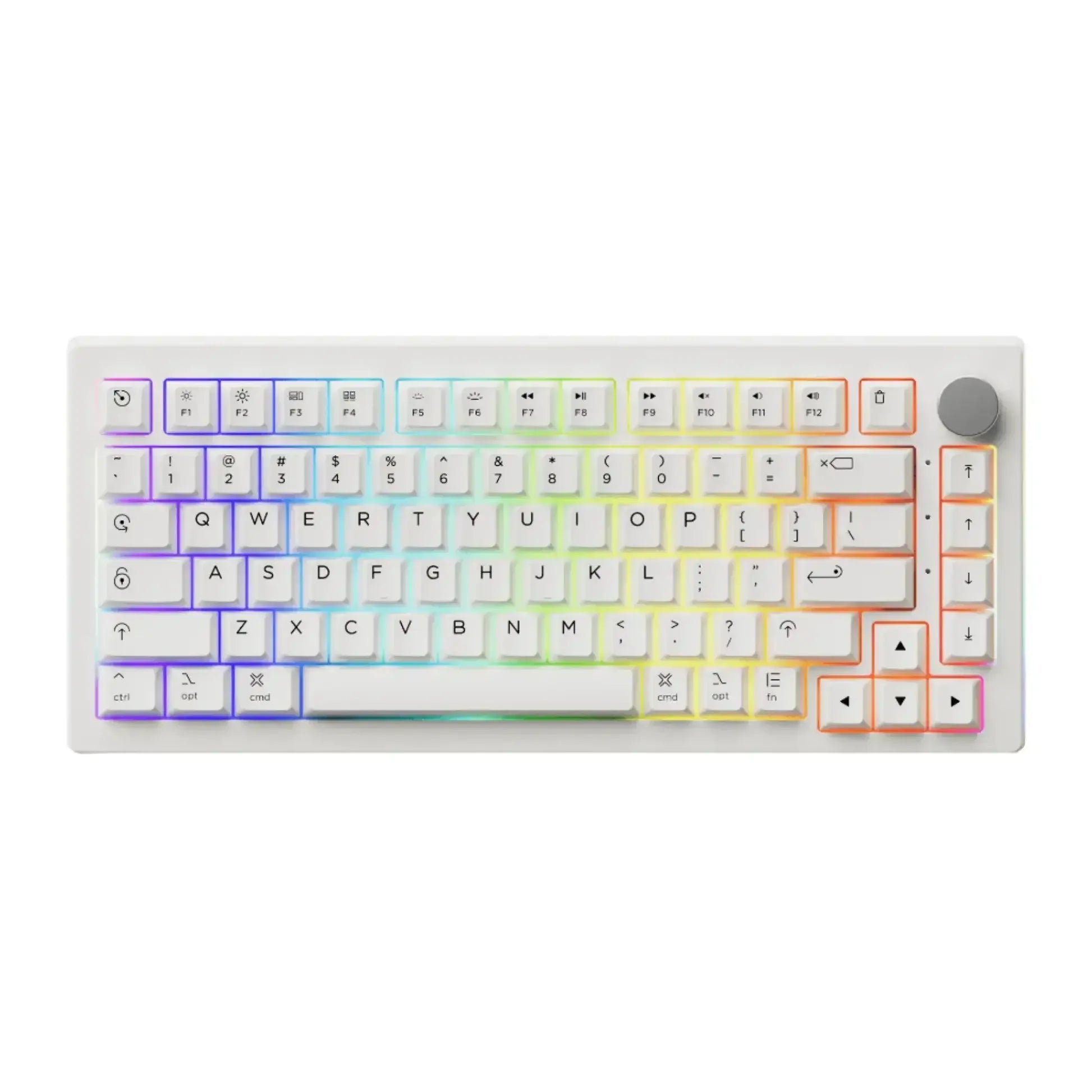 Biała klawiatura mechaniczna z podświetleniem RGB i pokrętłem, układ 75%.