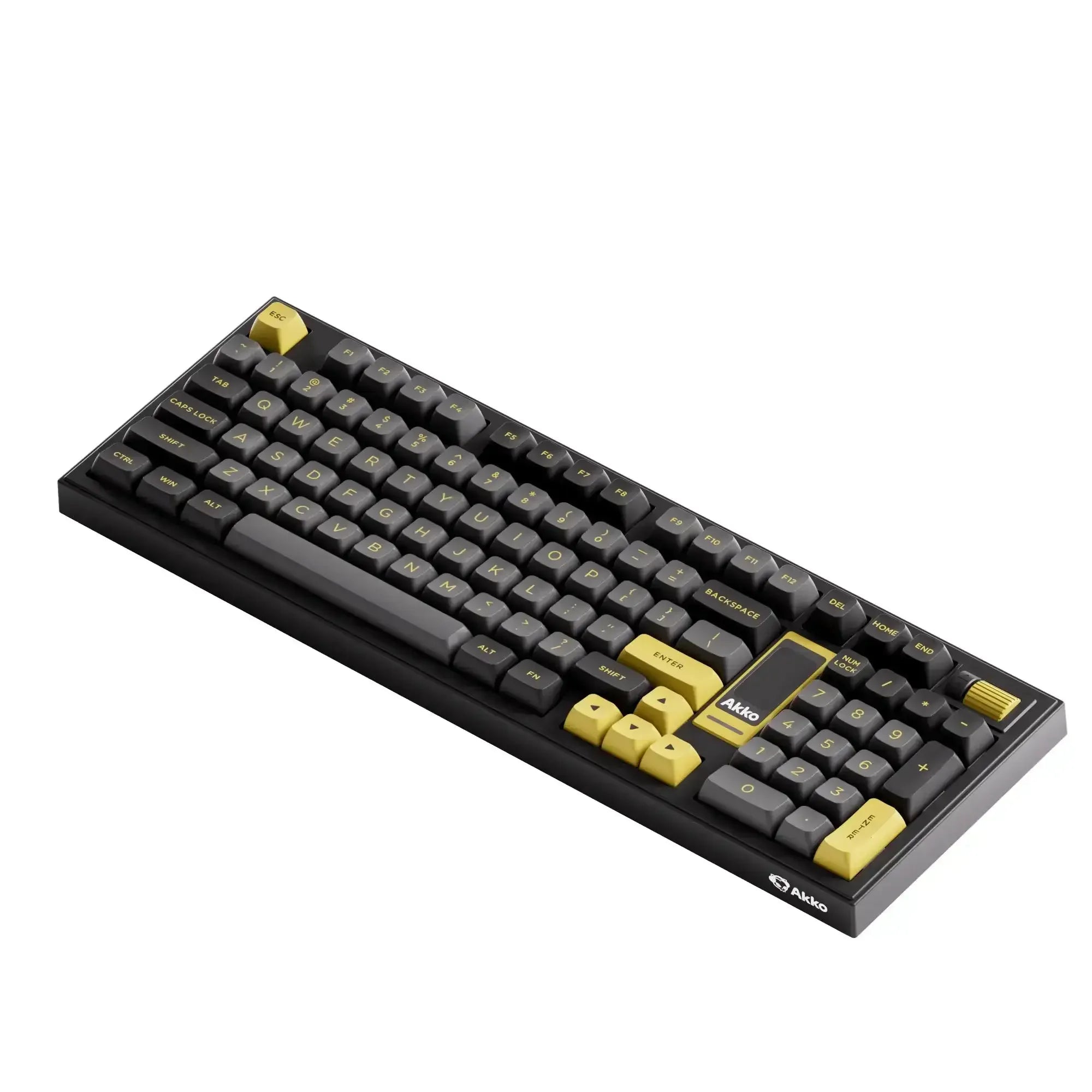 Klawiatura mechaniczna ANSI czarno-złota z żółtymi keycapami do desk setupu