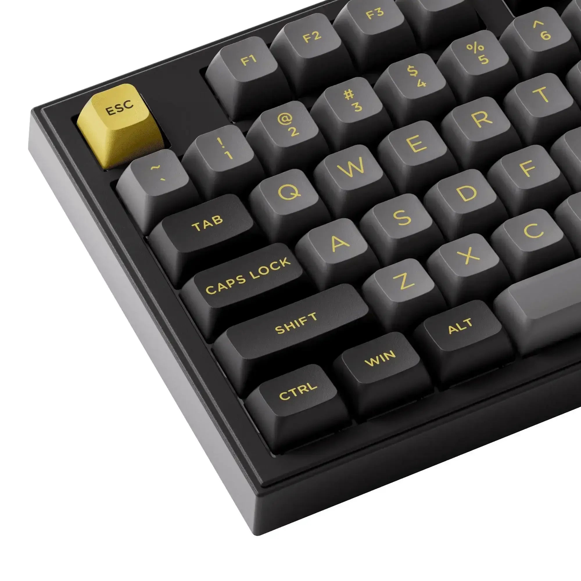 Czarna klawiatura mechaniczna z żółtym klawiszem ESC, podświetlane keycapy, nowoczesny design