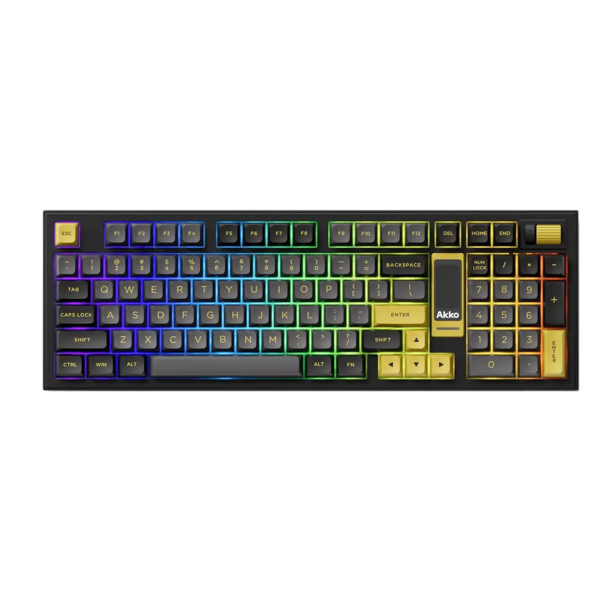 Klawiatura mechaniczna RGB, czarno-złota z podświetleniem i blokiem numerycznym ANSI.