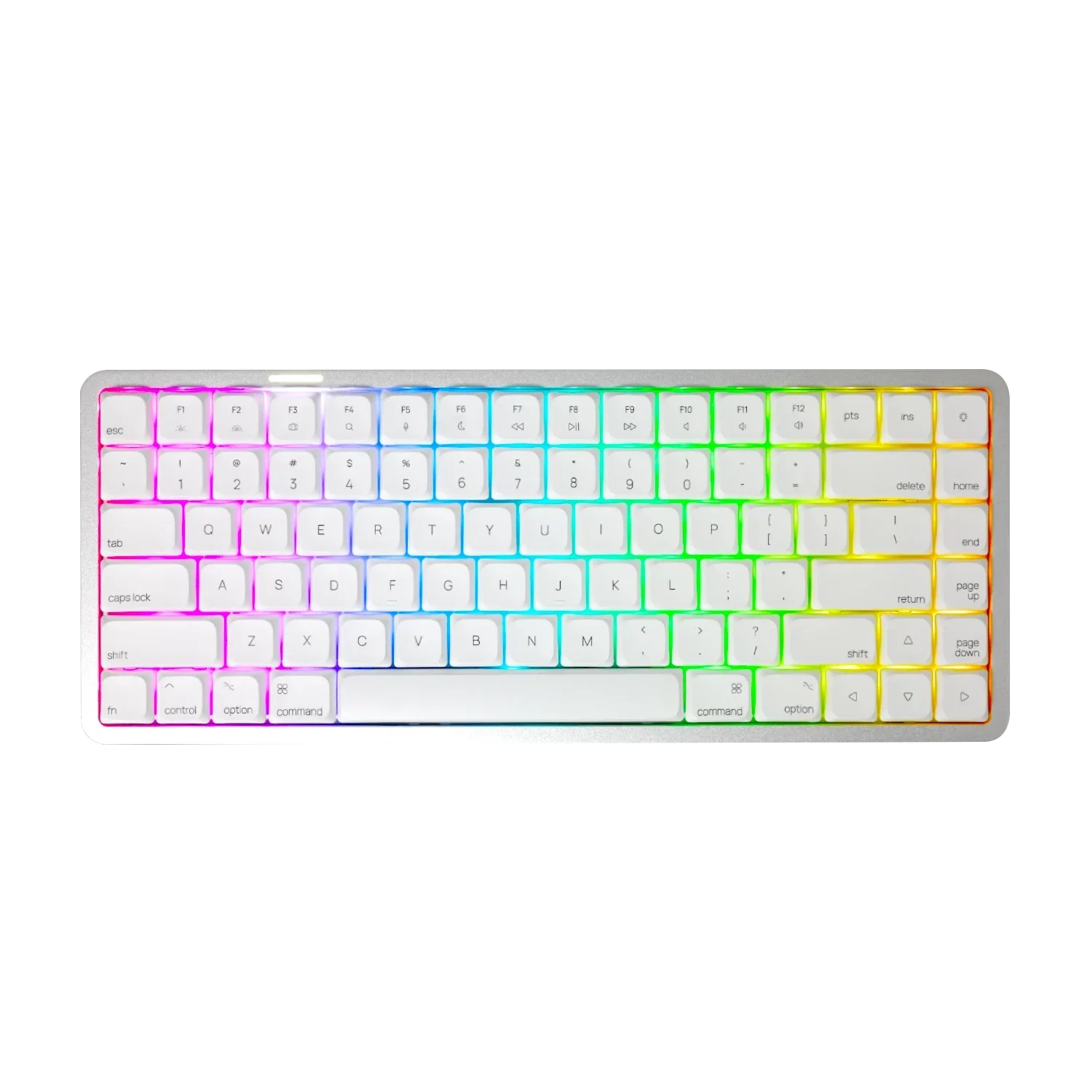 Mechaniczna klawiatura RGB z białymi keycapami i srebrną obudową, idealna do home office i desk setupu