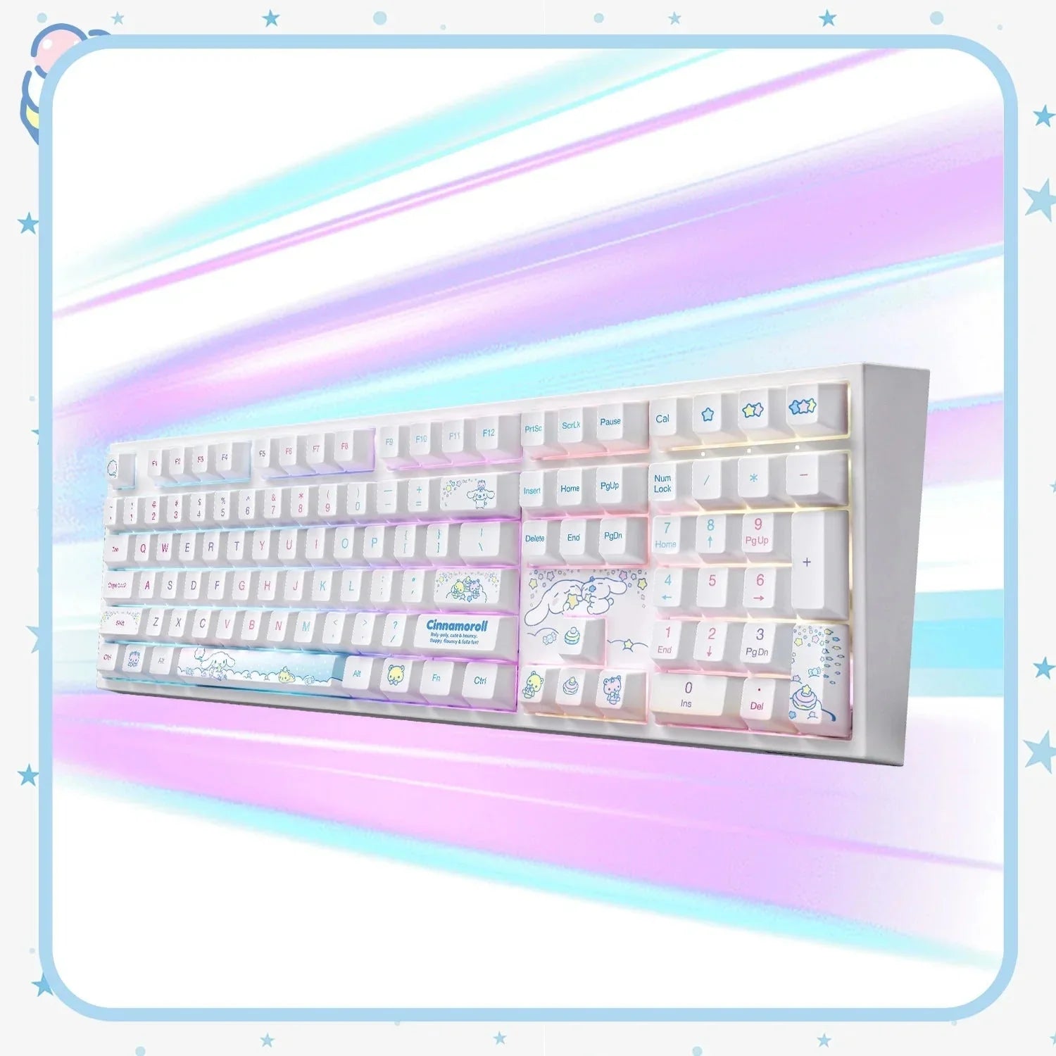 Mechaniczna klawiatura Cinnamoroll z kolorowym RGB, idealna do home office i personalizacji desk setupu