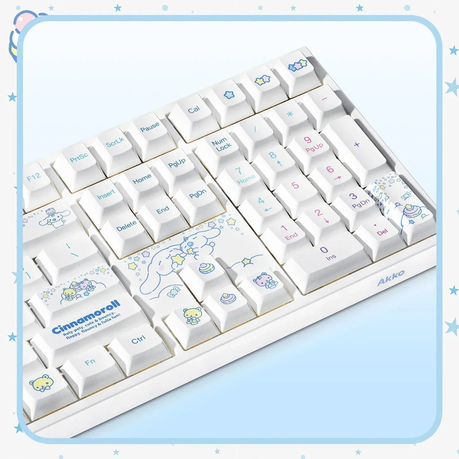 Biała klawiatura mechaniczna z motywem Cinnamoroll, idealna do home office i personalizacji desk setupu