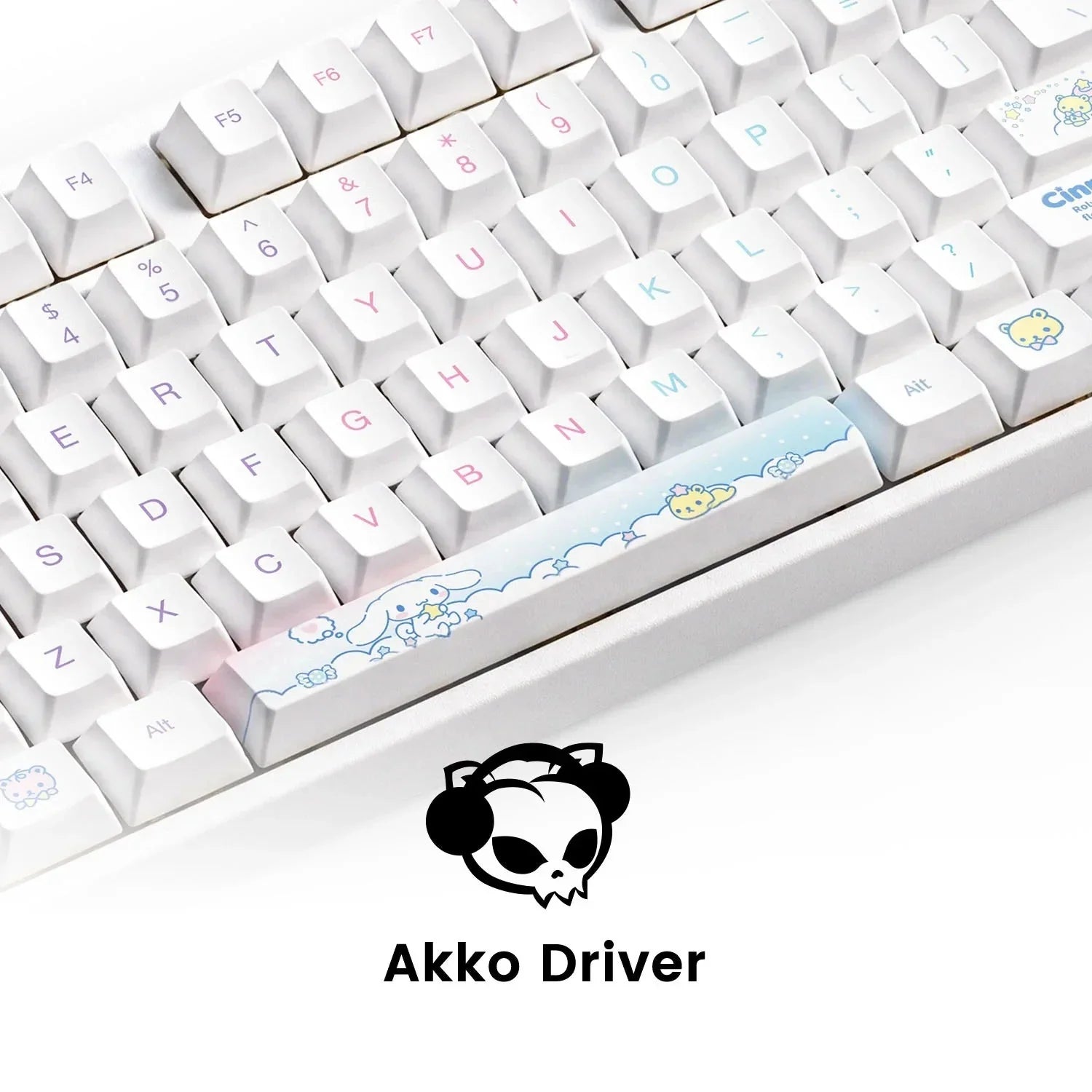 Biała klawiatura mechaniczna z kolorowymi keycapami i motywem Cinnamoroll, idealna do home office