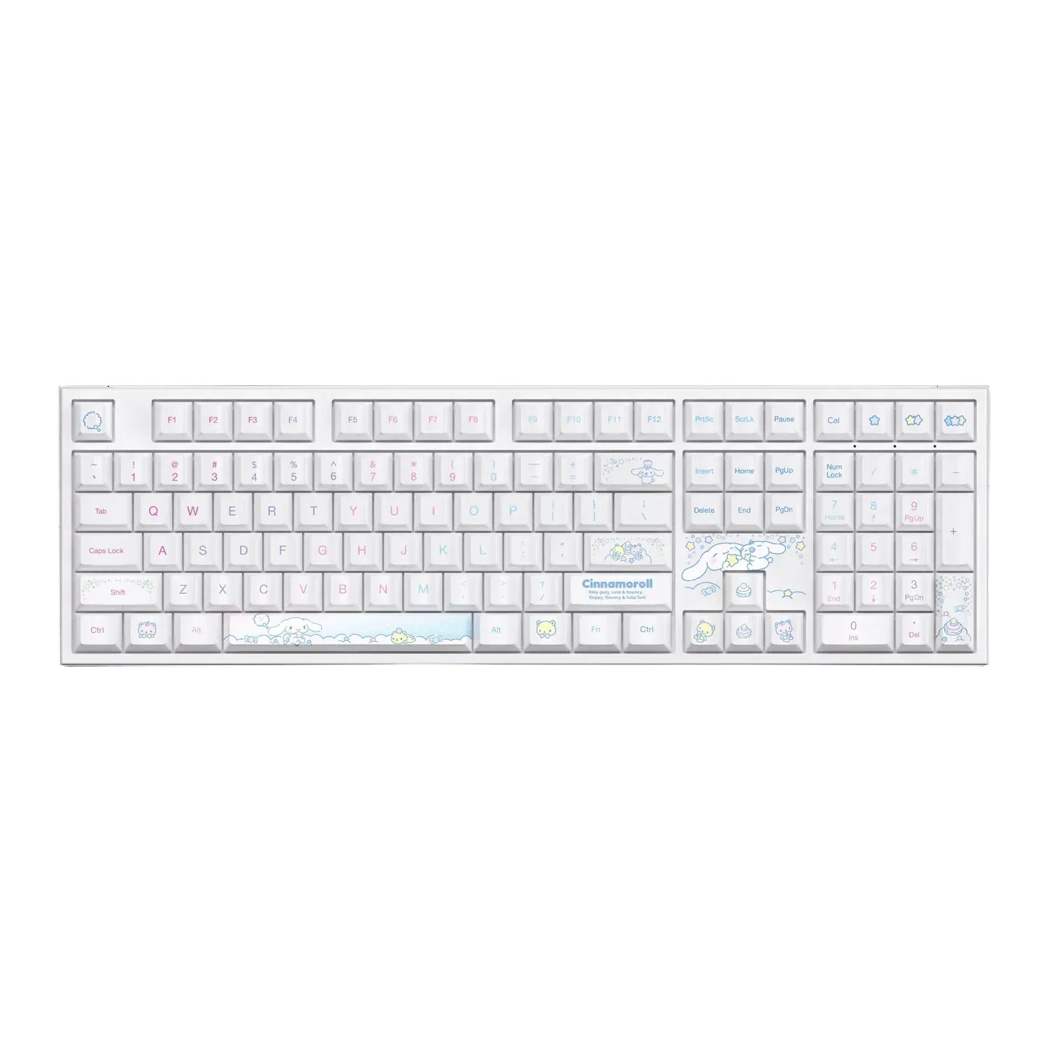 Biała klawiatura mechaniczna z motywem Cinnamoroll, idealna do home office i personalizacji desk setupu