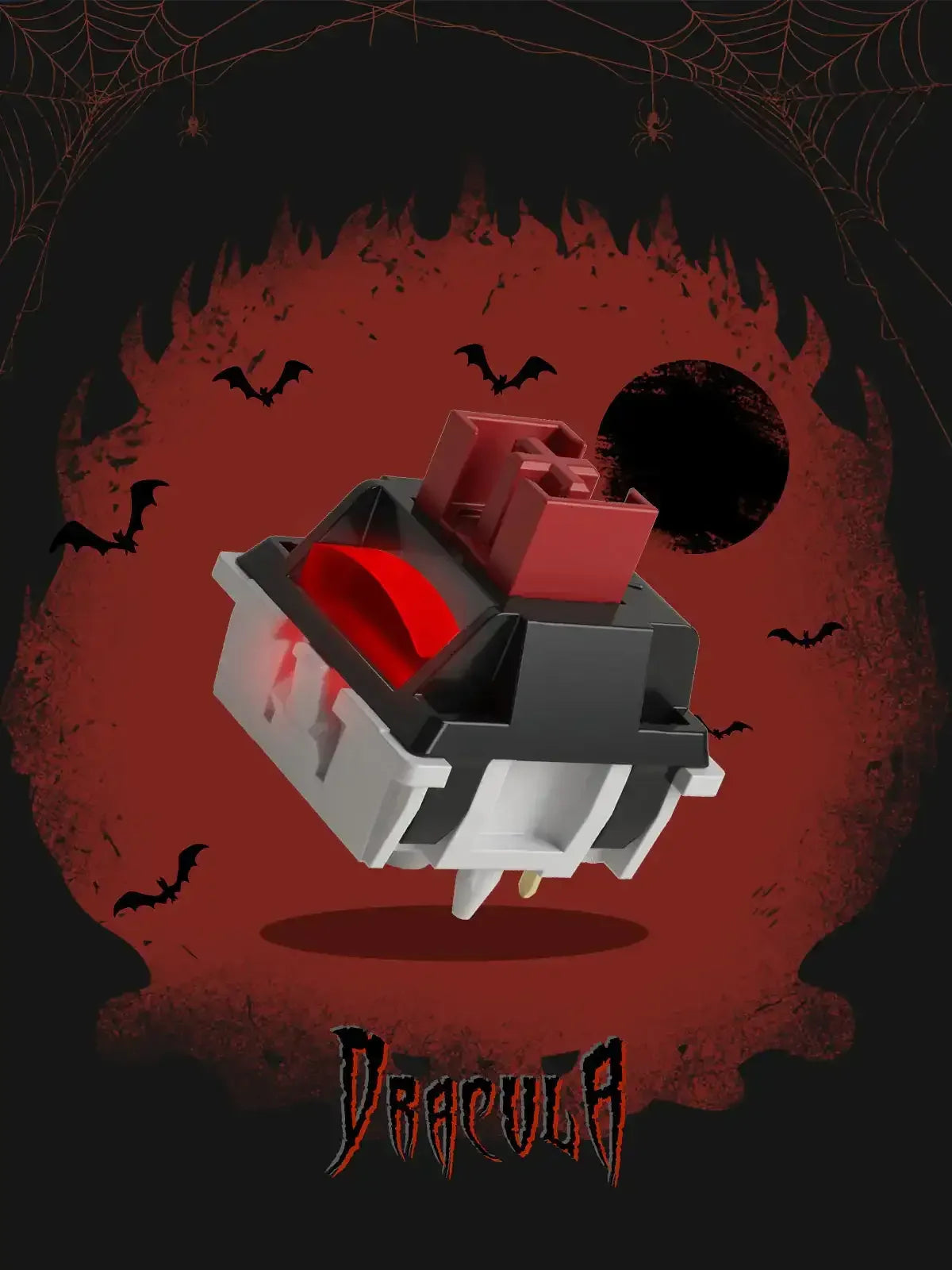 Czerwony switch mechaniczny Dracula na tle z nietoperzami, idealny do klawiatur mechanicznych