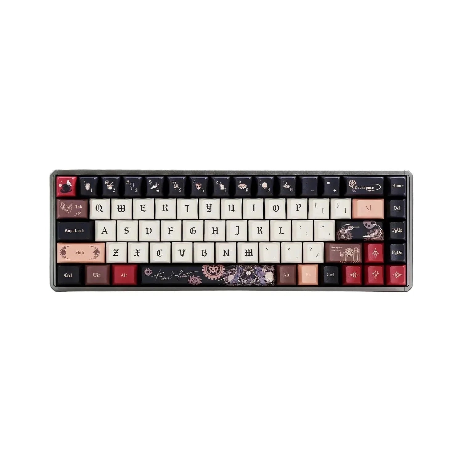 Mechaniczna klawiatura z kolorowymi keycapami w stylu steampunk, idealna do home office i personalizacji desk setupu