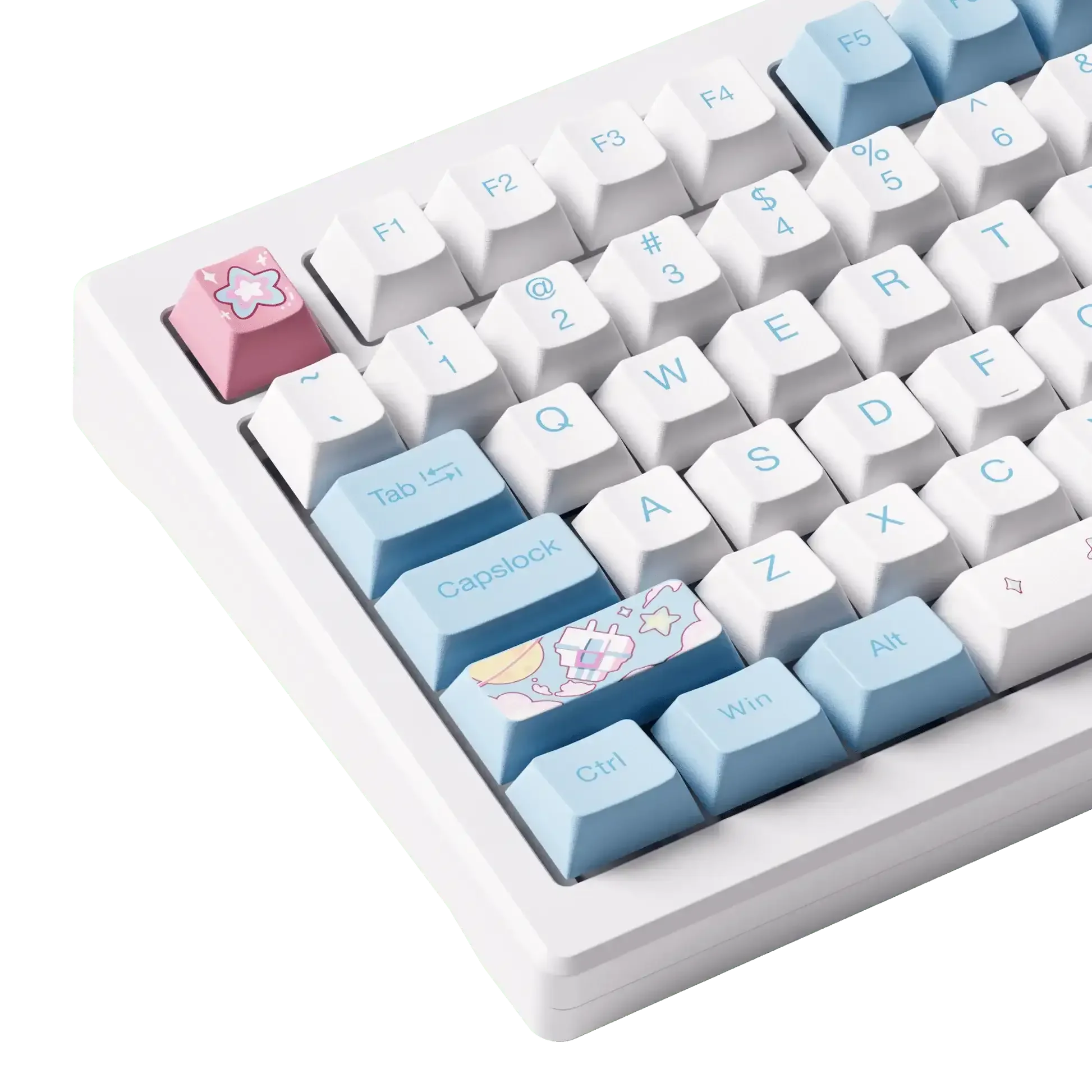 Biała klawiatura mechaniczna z pastelowymi keycapami, niebieskie i różowe przyciski