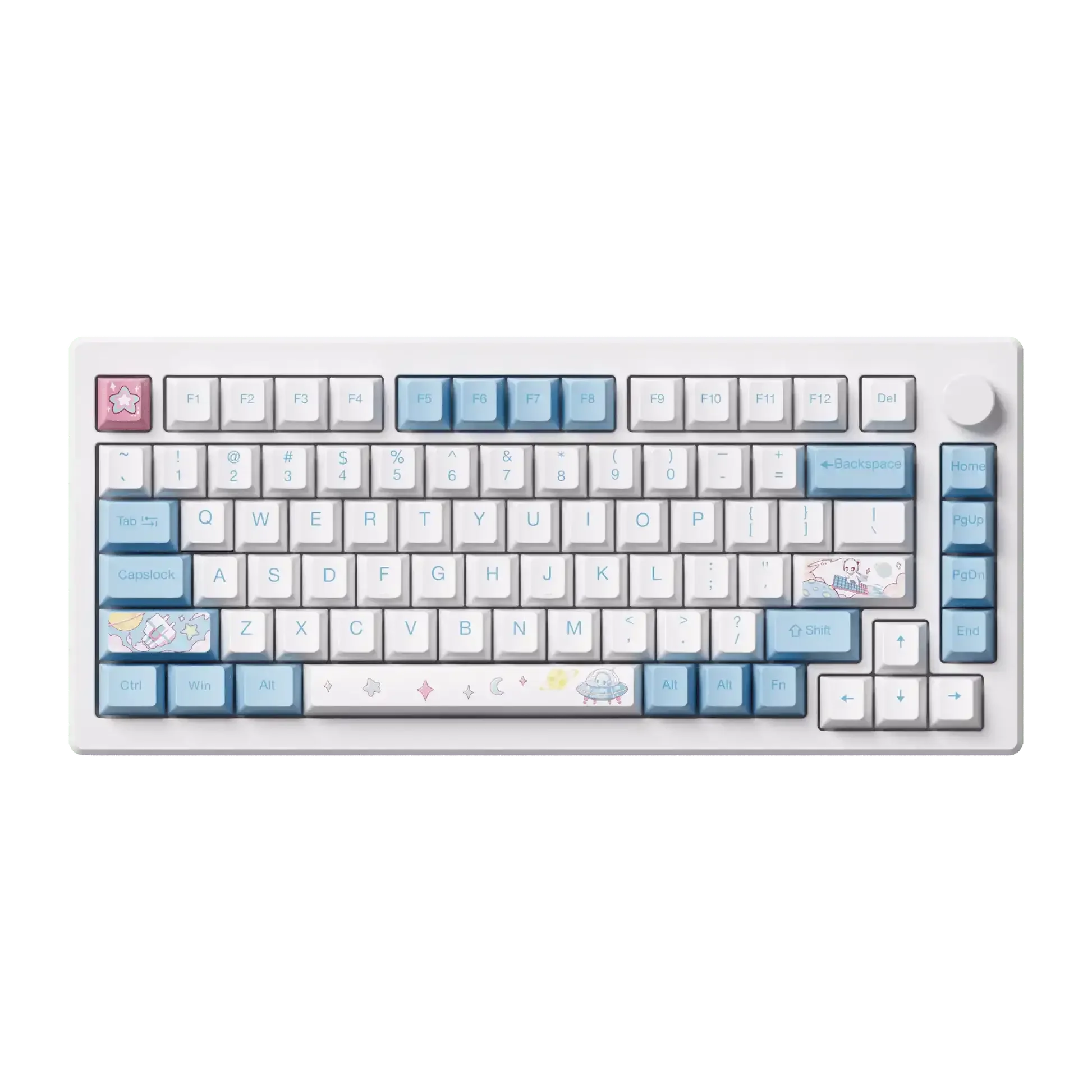 Klawiatura mechaniczna przewodowa, białe i niebieskie keycapy z grafikami, układ kompaktowy.