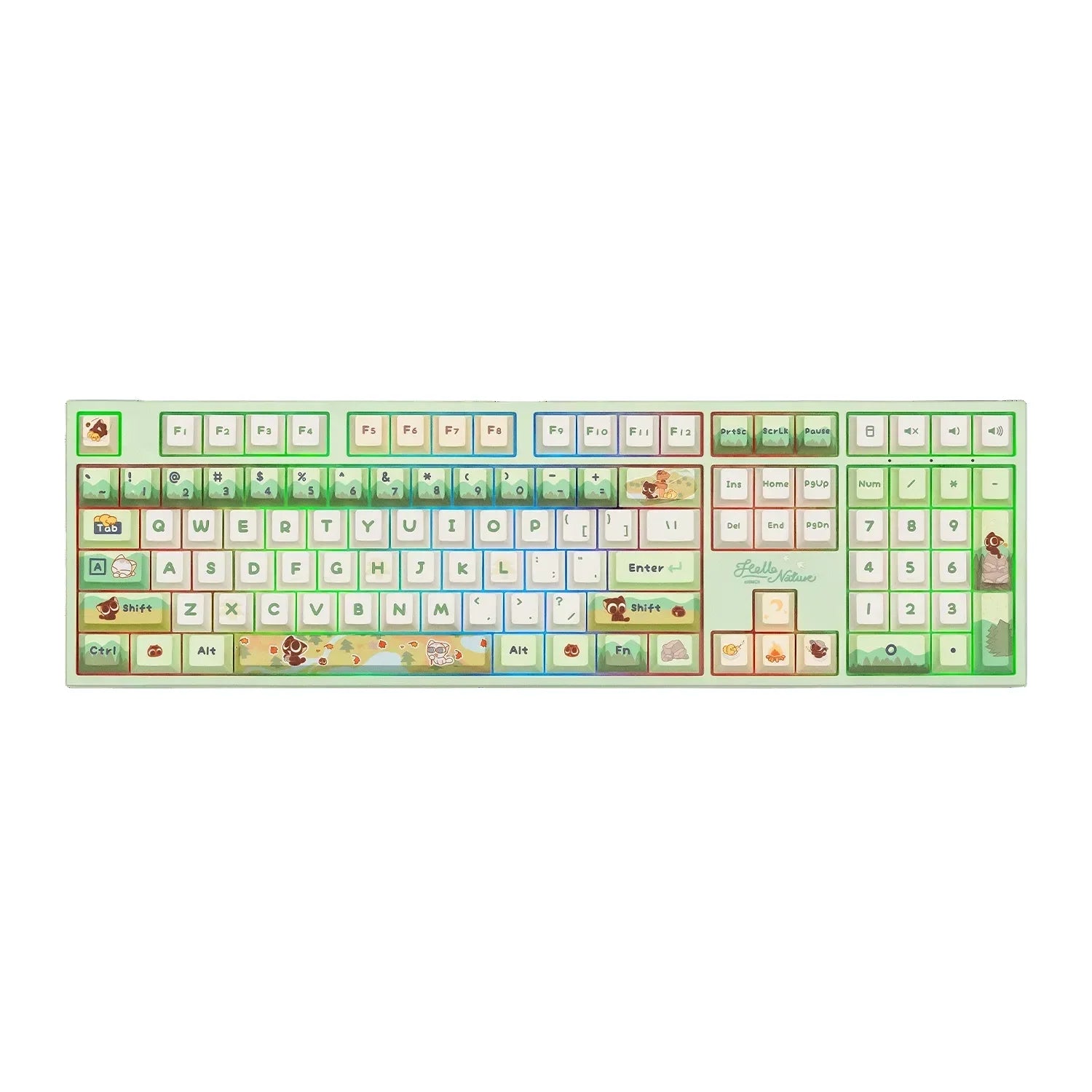Klawiatura mechaniczna z kolorowymi keycapami w stylu nature, idealna do home office i personalizacji desk setupu.