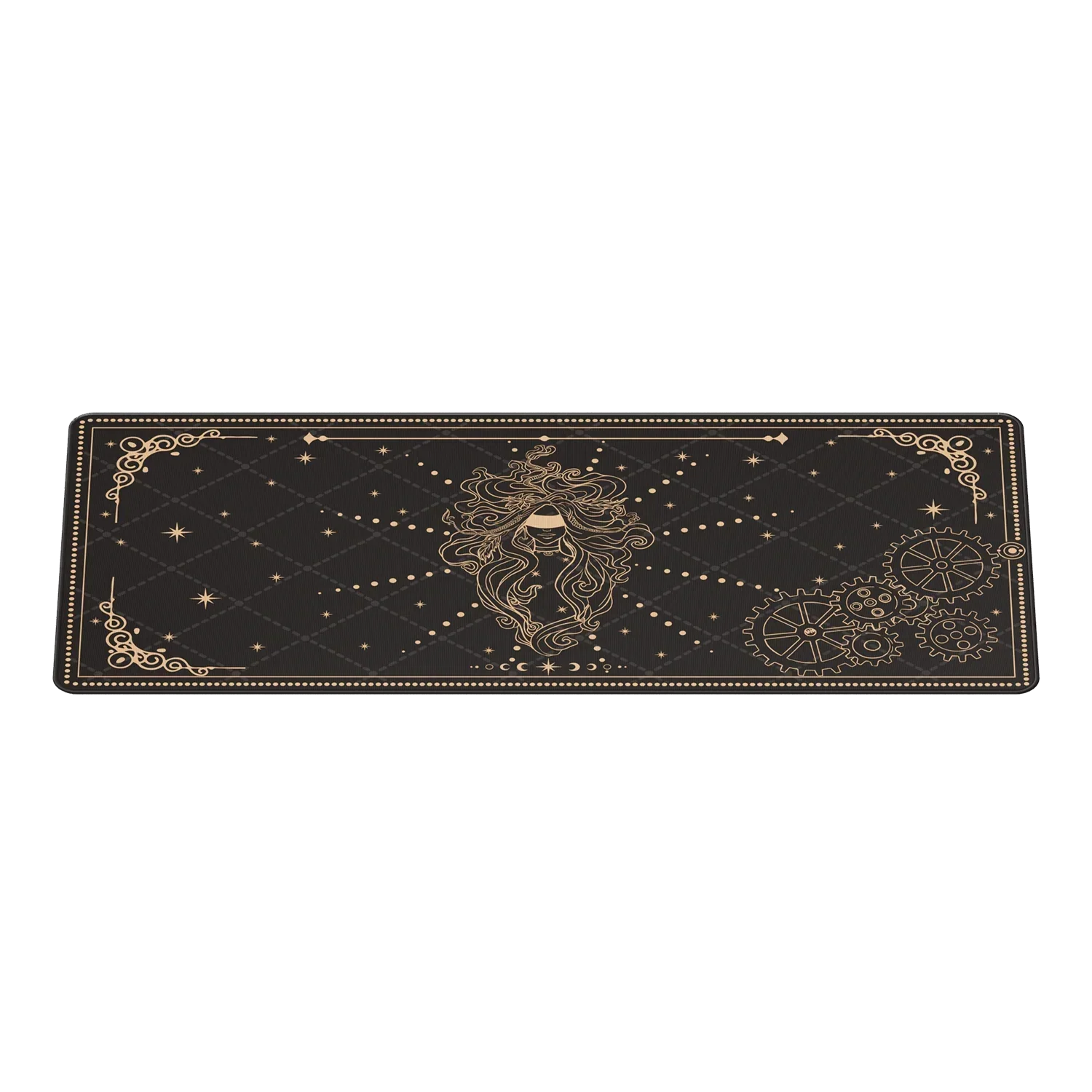 Czarna mata biurowa z złotym wzorem steampunk, idealna do desk setupu i home office