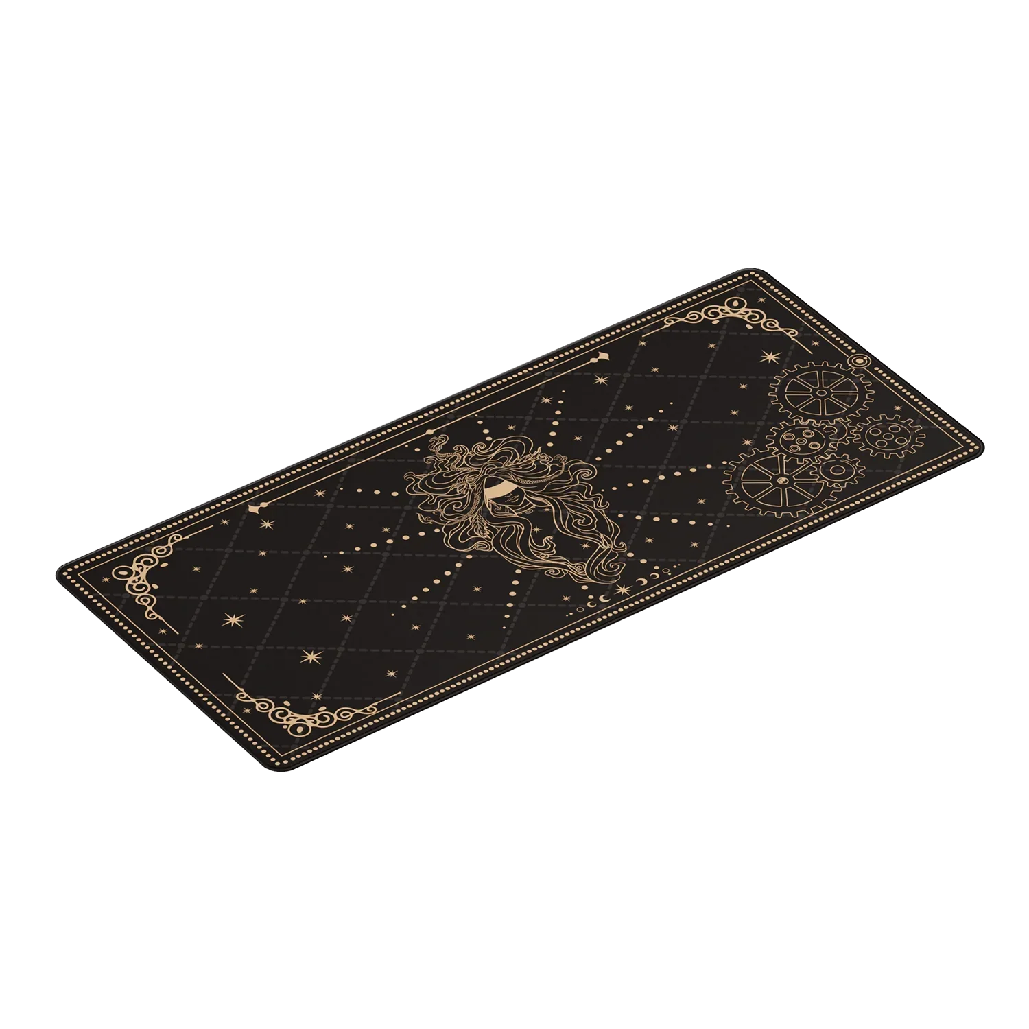 Czarna mata biurowa z złotym wzorem steampunk, idealna do desk setupu i komfortowej pracy w home office.