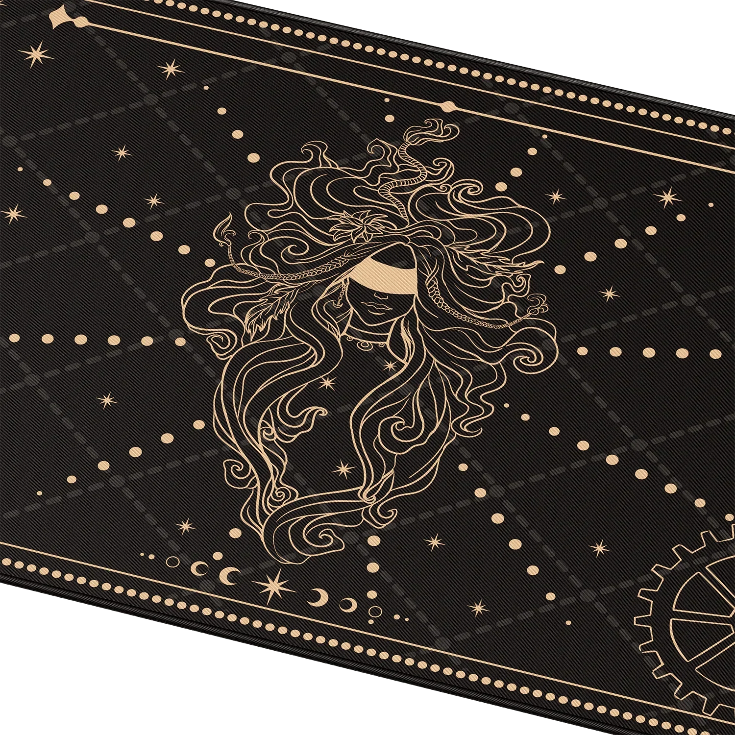Czarna mata biurowa z złotym motywem astrologicznym i postacią, idealna do desk setupu i home office
