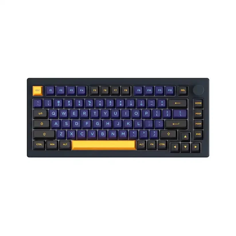 Klawiatura mechaniczna w układzie 75%, granatowe i żółte keycapy, kompaktowy design, ASA profile.