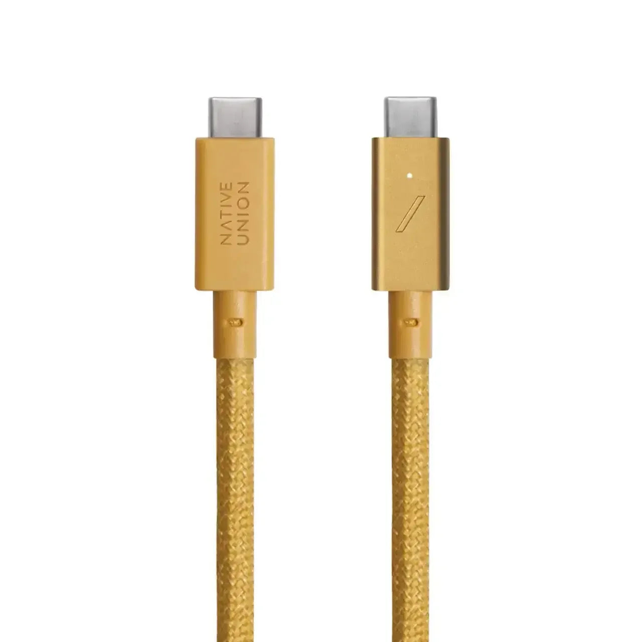 Złoty kabel USB-C do USB-C w oplocie, złącza aluminiowe, akcesoria biurowe.