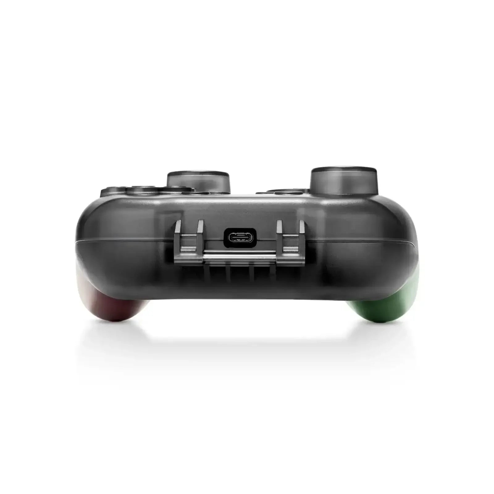 Czarny kontroler do gier z portem USB-C, widok od dołu, gadżety do biura i gamingu.