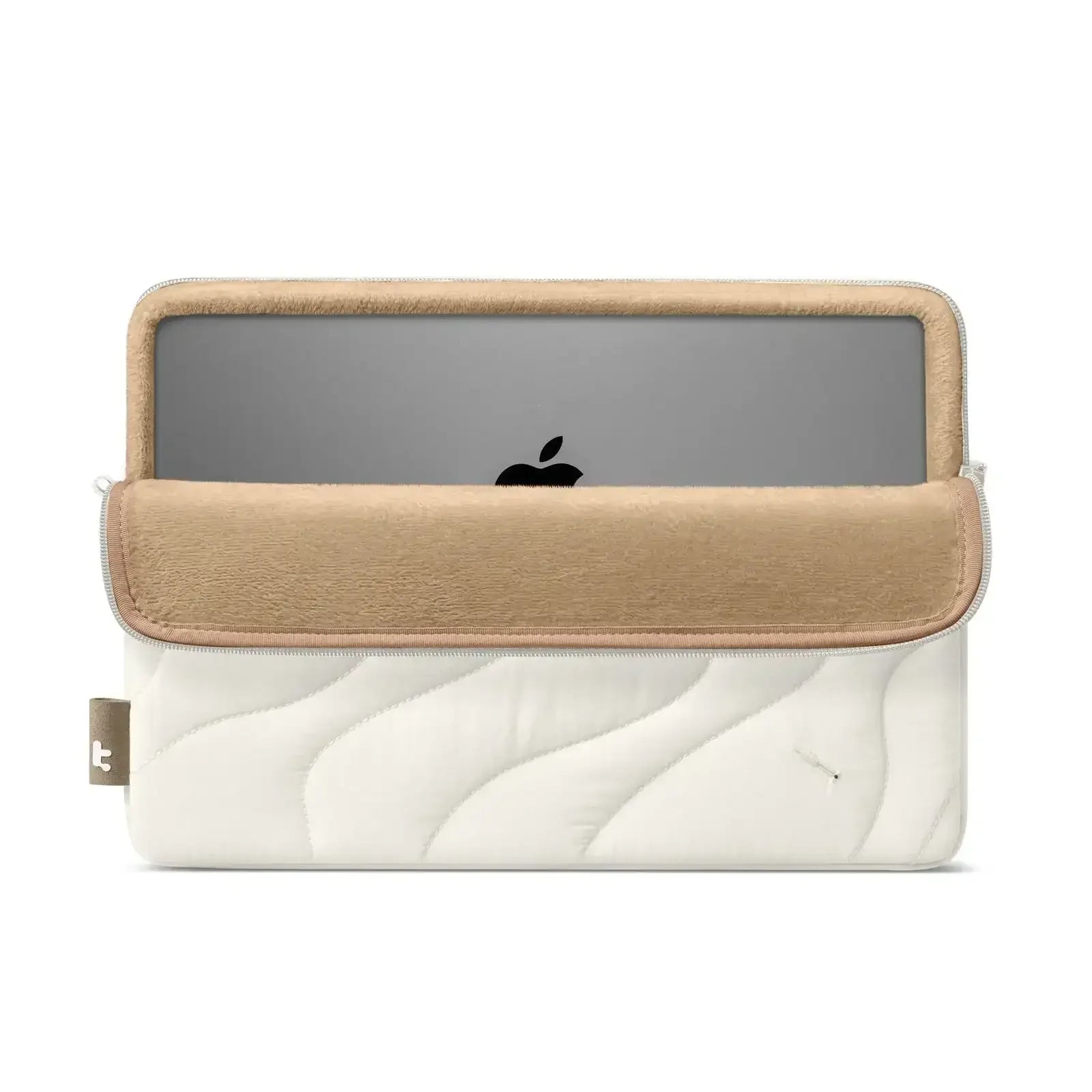 Etui na laptopa beżowo-białe z zamkiem, laptop wsuwany do środka, nowoczesny design