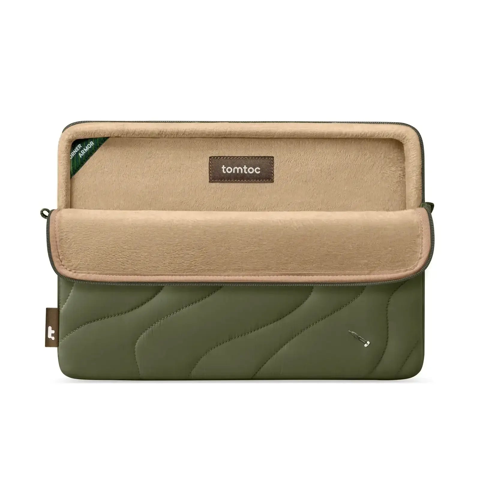 Zielono-beżowe etui na laptopa z miękką wyściółką, otwarte, nowoczesny design