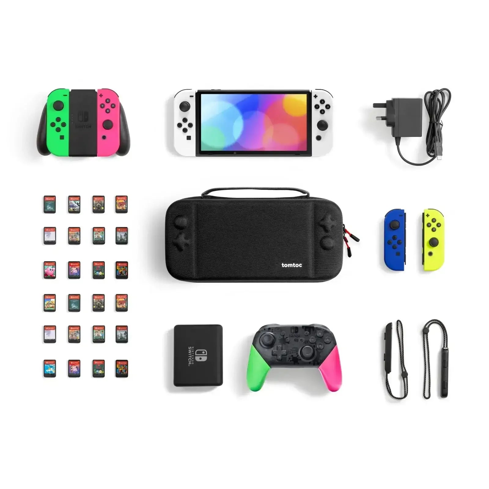 Zestaw akcesoriów do Nintendo Switch: konsola, Joy-Cony, gry, pokrowiec, ładowarka, kontroler.