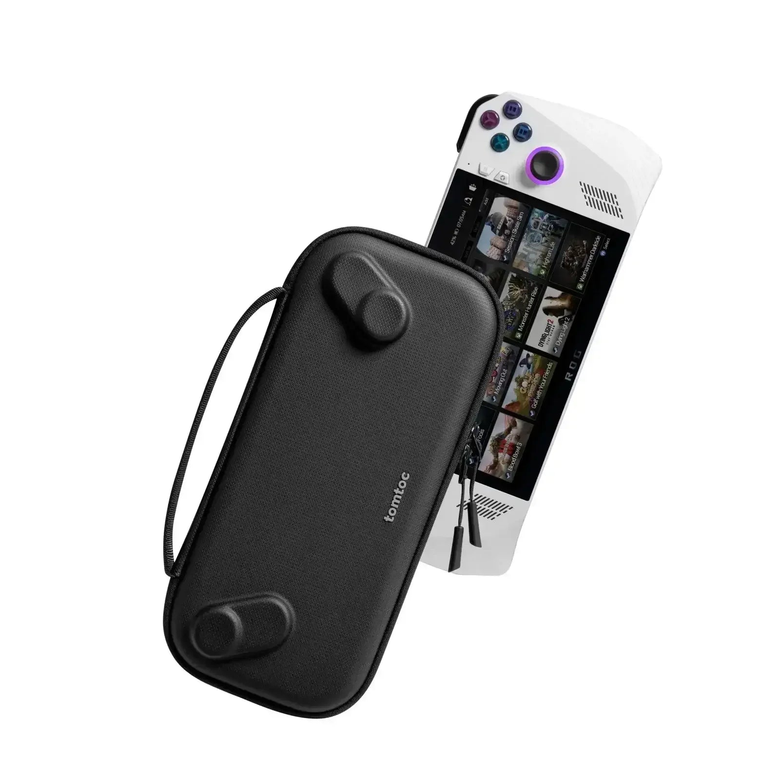 Etui ochronne na konsolę przenośną i biały handheld gamingowy na białym tle