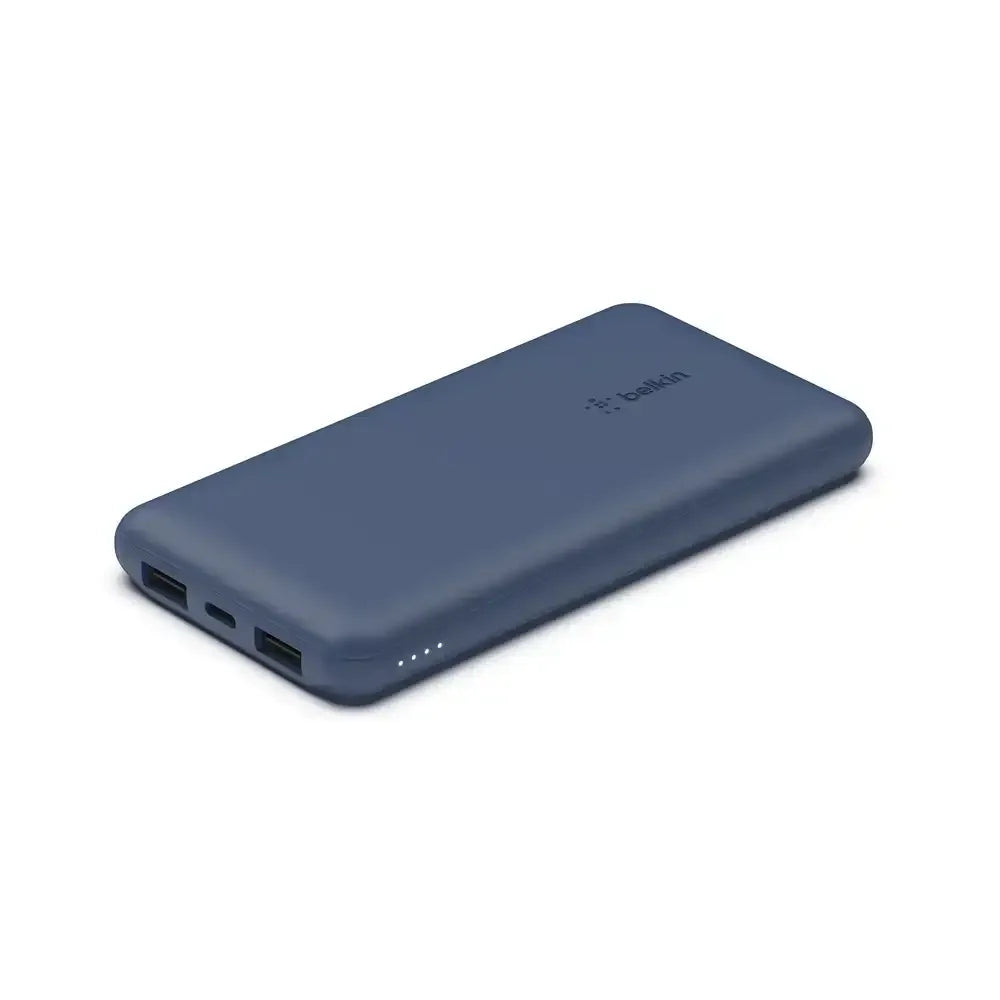Niebieski powerbank z dwoma portami USB i wskaźnikiem LED, akcesorium biurowe do ładowania