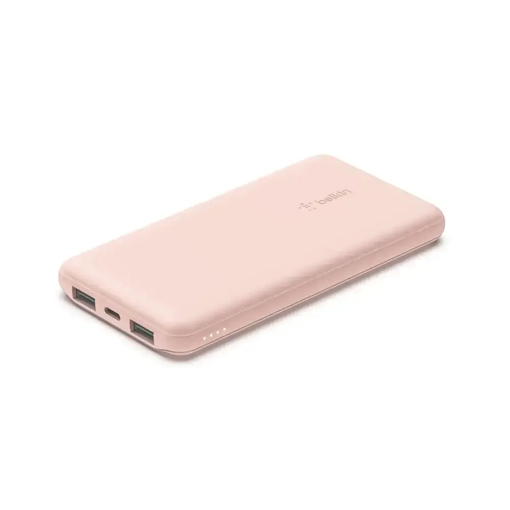 Różowy powerbank 10000 mAh z dwoma portami USB, idealny do biura i home office