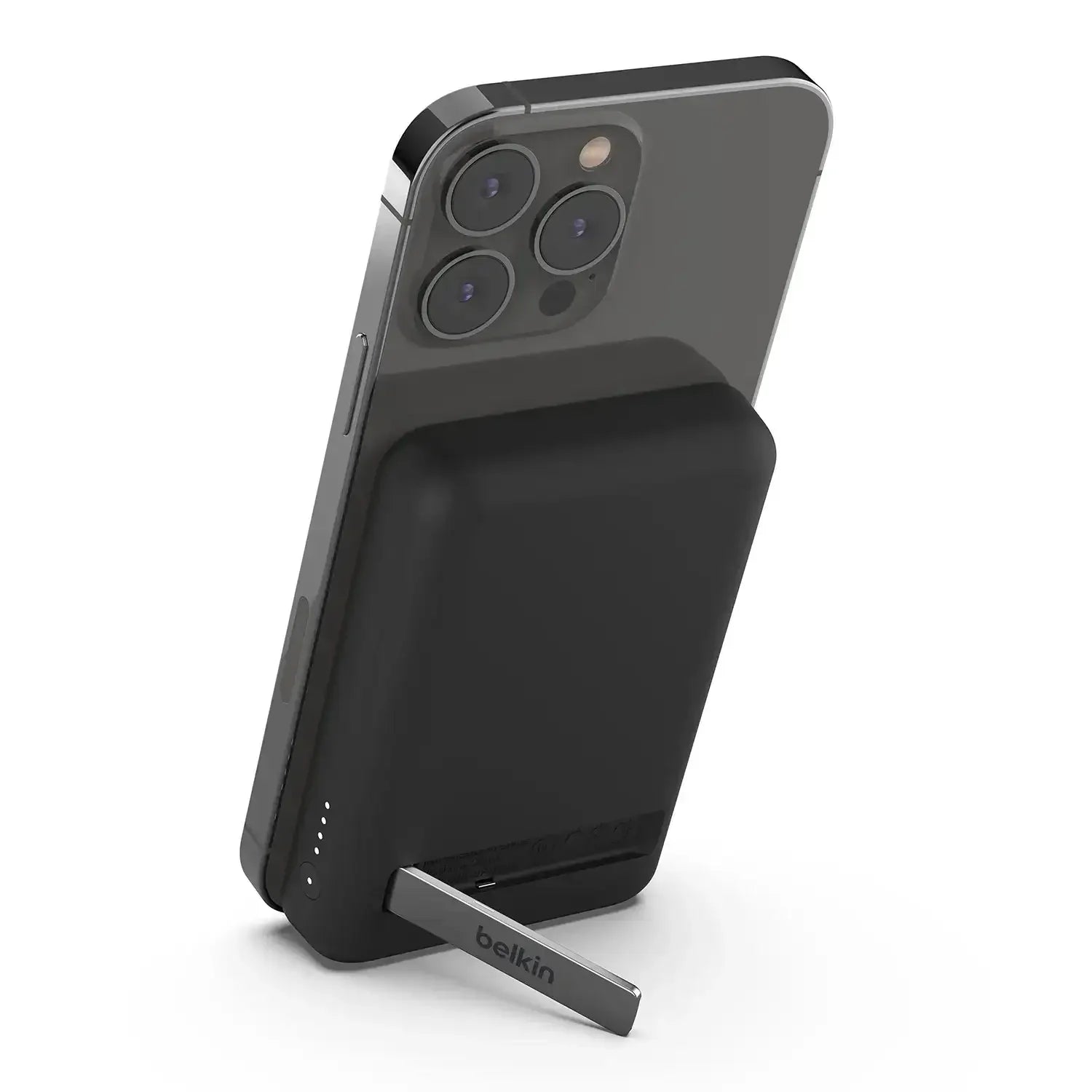 Czarna magnetyczna powerbank z podstawką na telefon, akcesoria do biura i home office