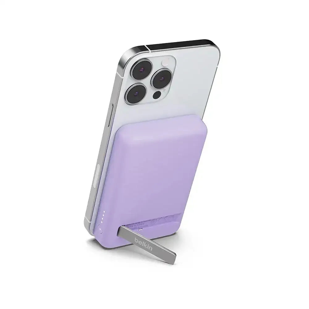 Magnetyczny powerbank bezprzewodowy fioletowy z podstawką na telefon, nowoczesny design