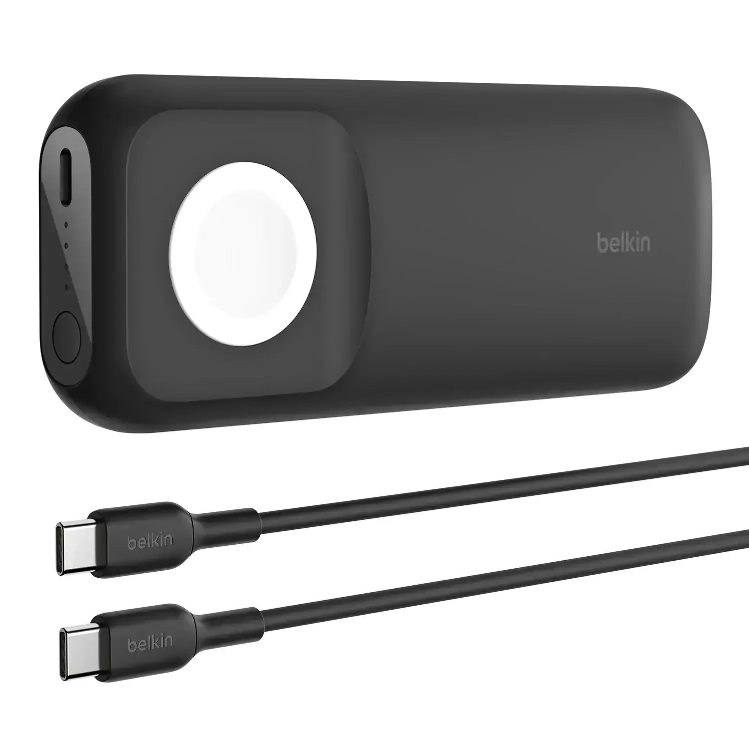 Czarna ładowarka powerbank z miejscem do ładowania bezprzewodowego i dwa kable USB-C