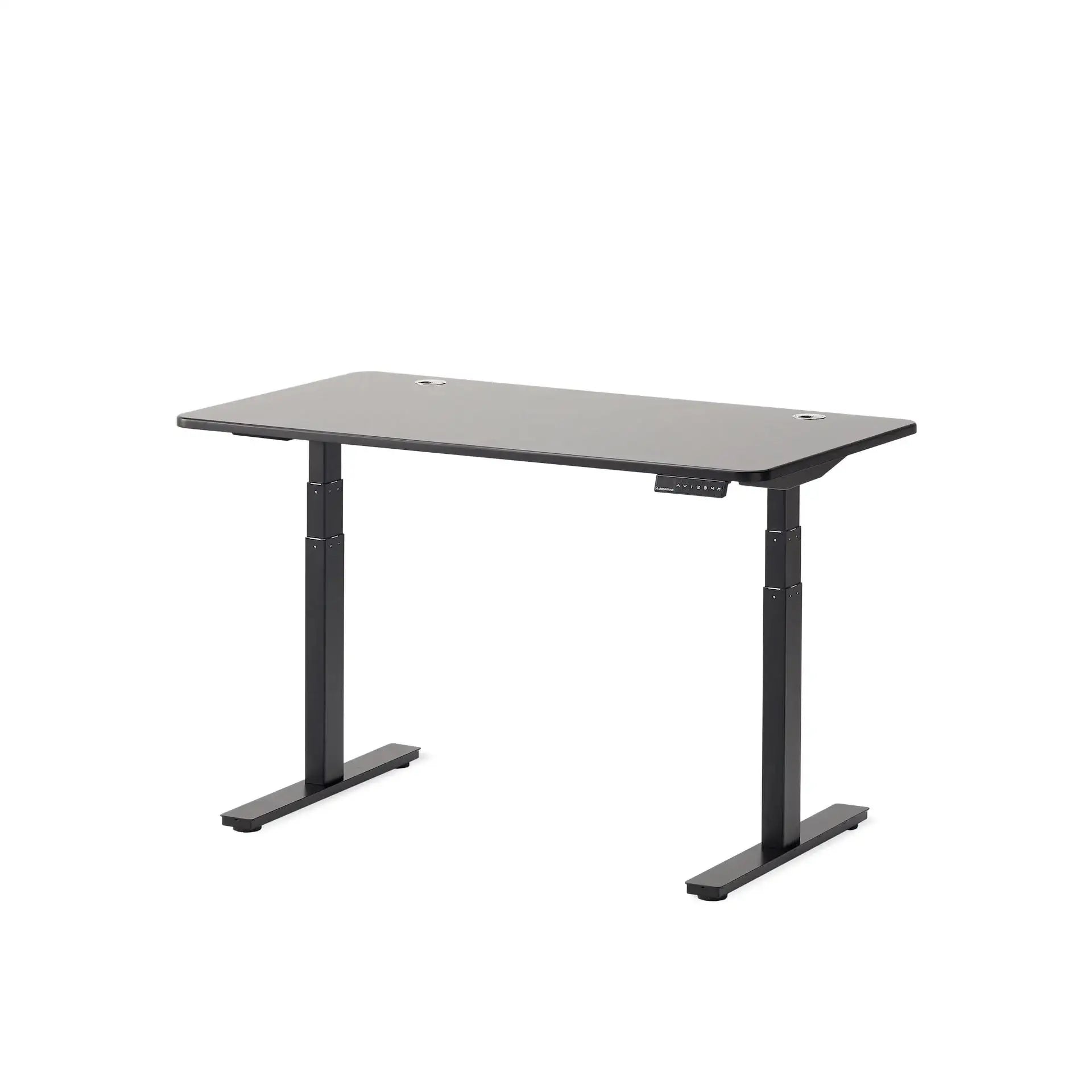 Czarny biurko regulowane elektrycznie, minimalistyczny design, blat prosty, biuro