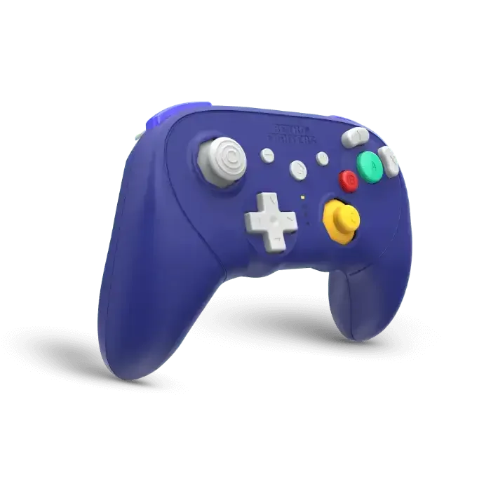 Fioletowy bezprzewodowy gamepad z kolorowymi przyciskami, kontroler do gier