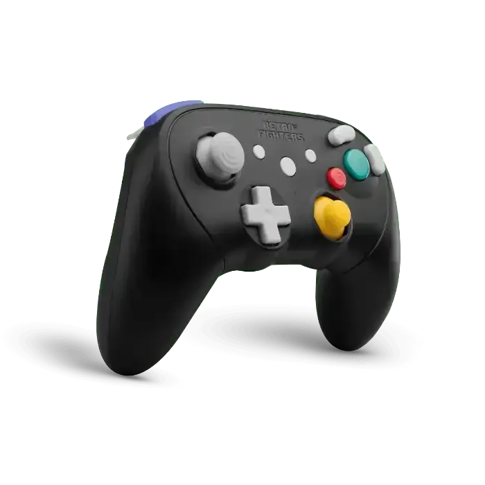 Czarny bezprzewodowy gamepad z wielokolorowymi przyciskami, widok z prawej strony