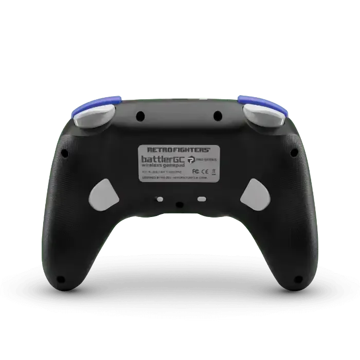 Czarny bezprzewodowy gamepad z widocznymi przyciskami i ergonomicznym kształtem, widok z tyłu