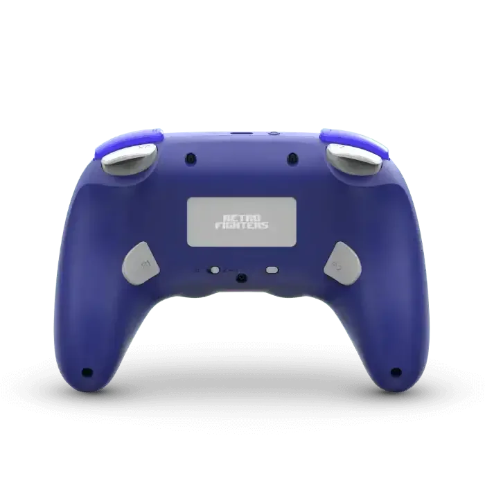 Fioletowy bezprzewodowy kontroler do gier z dodatkowymi przyciskami, widok z tyłu