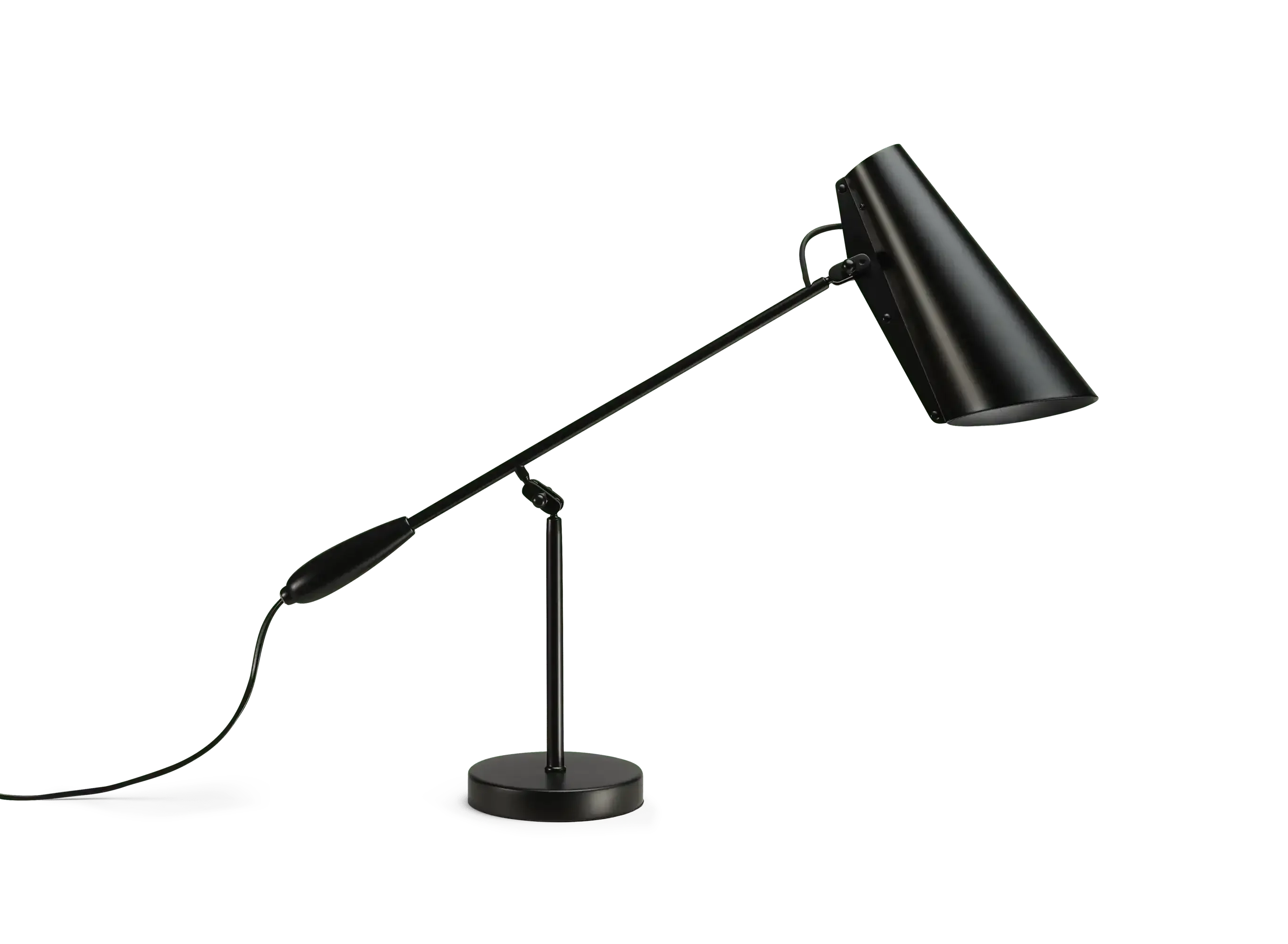 Czarna lampka biurkowa o nowoczesnym designie, idealna do home office i desk setupu.