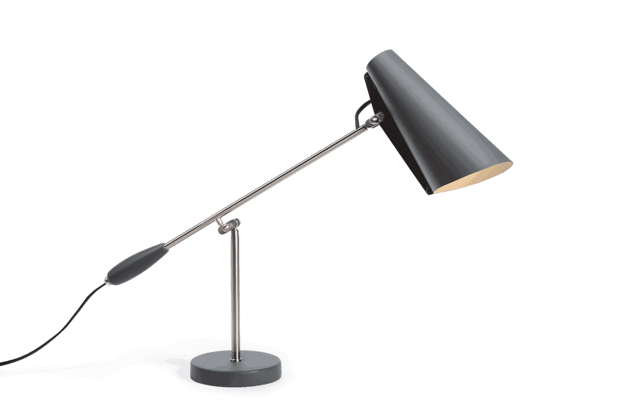 Szara lampa biurkowa LED z regulowanym ramieniem, idealna do domowego biura