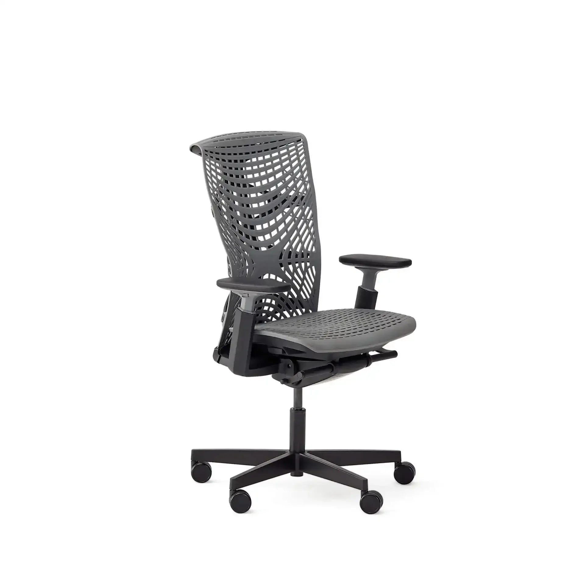 Szare ergonomiczne krzesło biurowe z regulowanymi podłokietnikami na kółkach