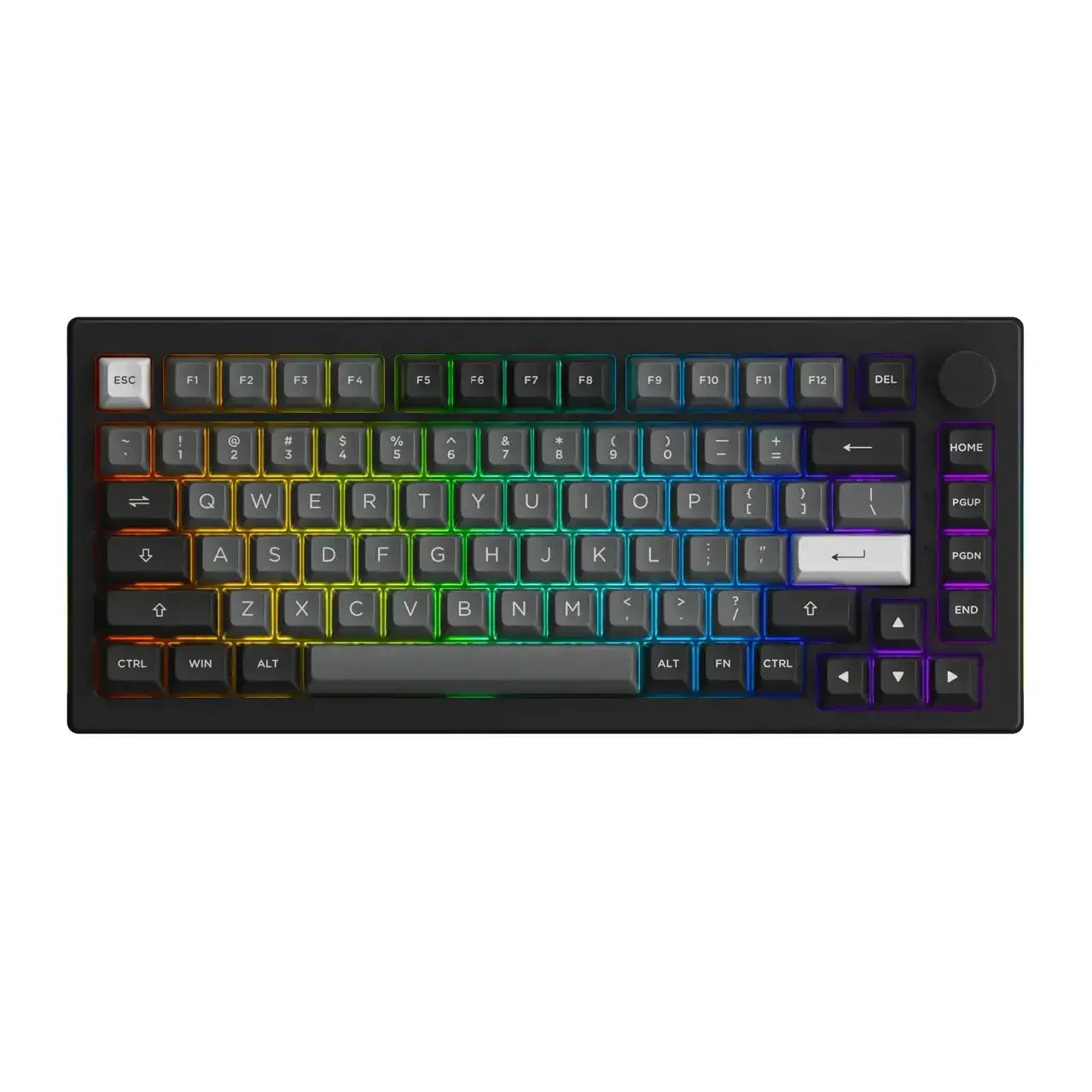 Czarna klawiatura mechaniczna RGB, kompaktowa, podświetlana, z pokrętłem i klawiszami multimedialnymi.