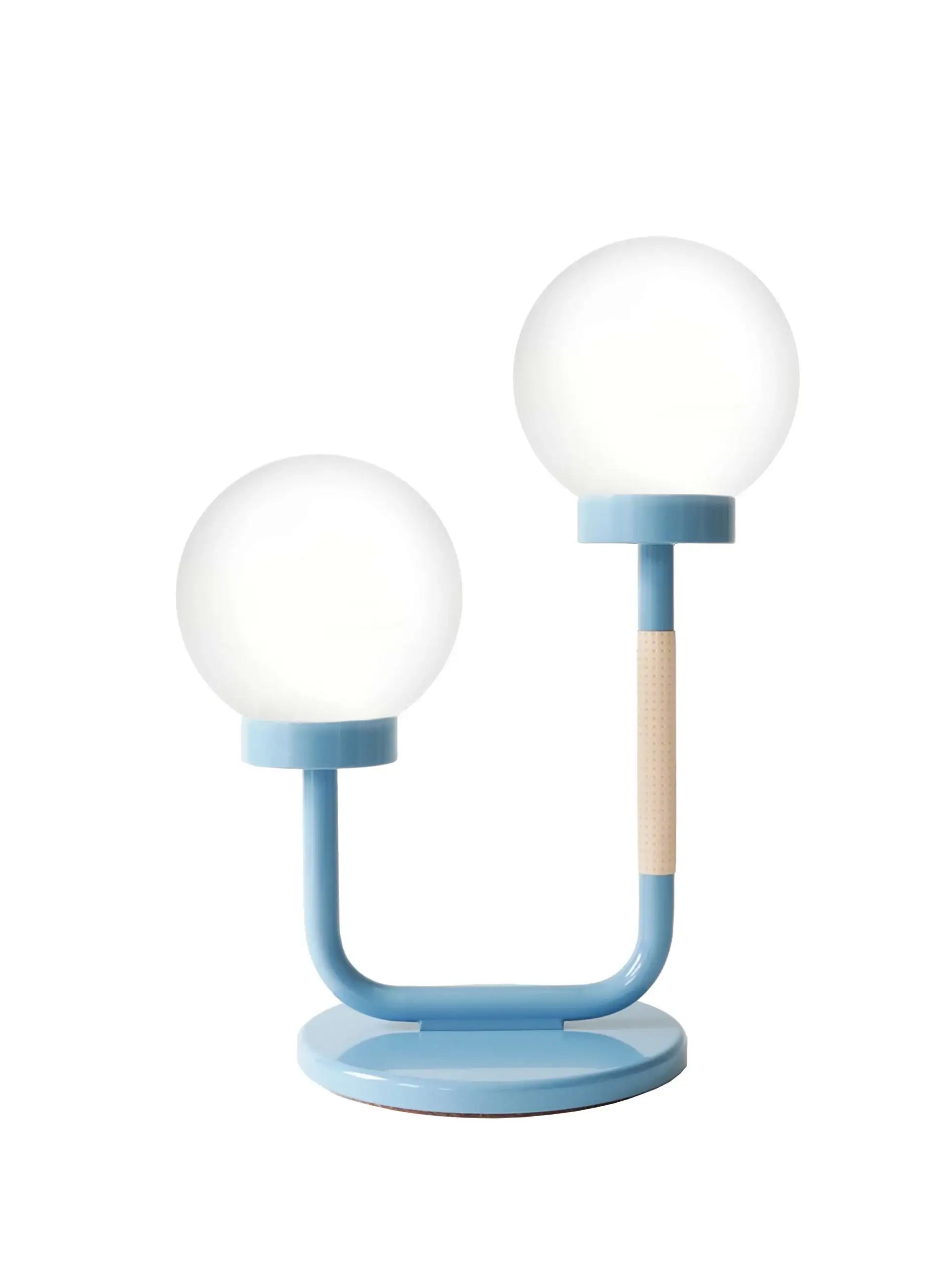nowoczesna lampka stołowa w kolorze niebieskim z dwoma kulistymi kloszami